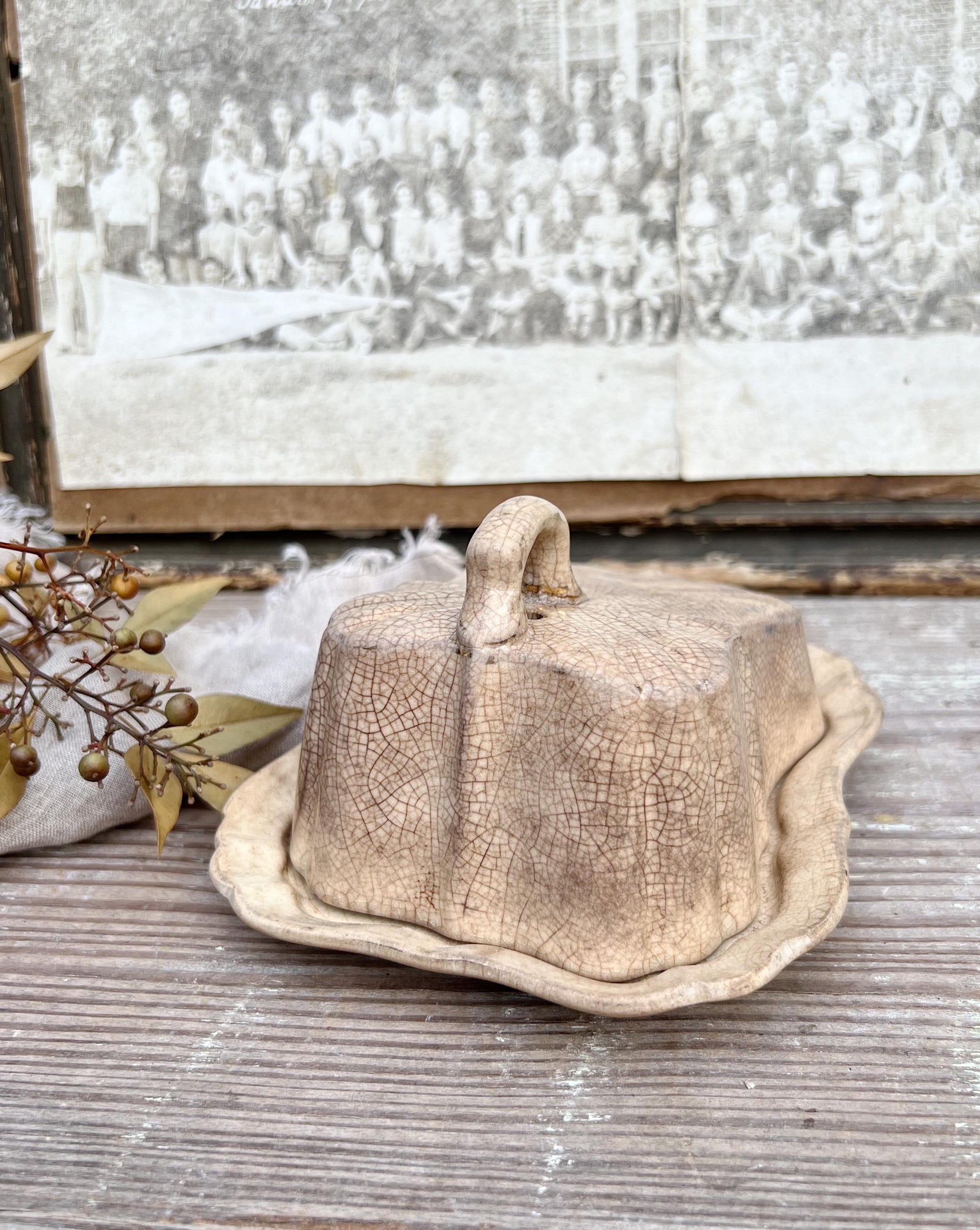 Antique White Ironstone Cheese Cover Dome Lid With Platter Stained Crazed Hanley England