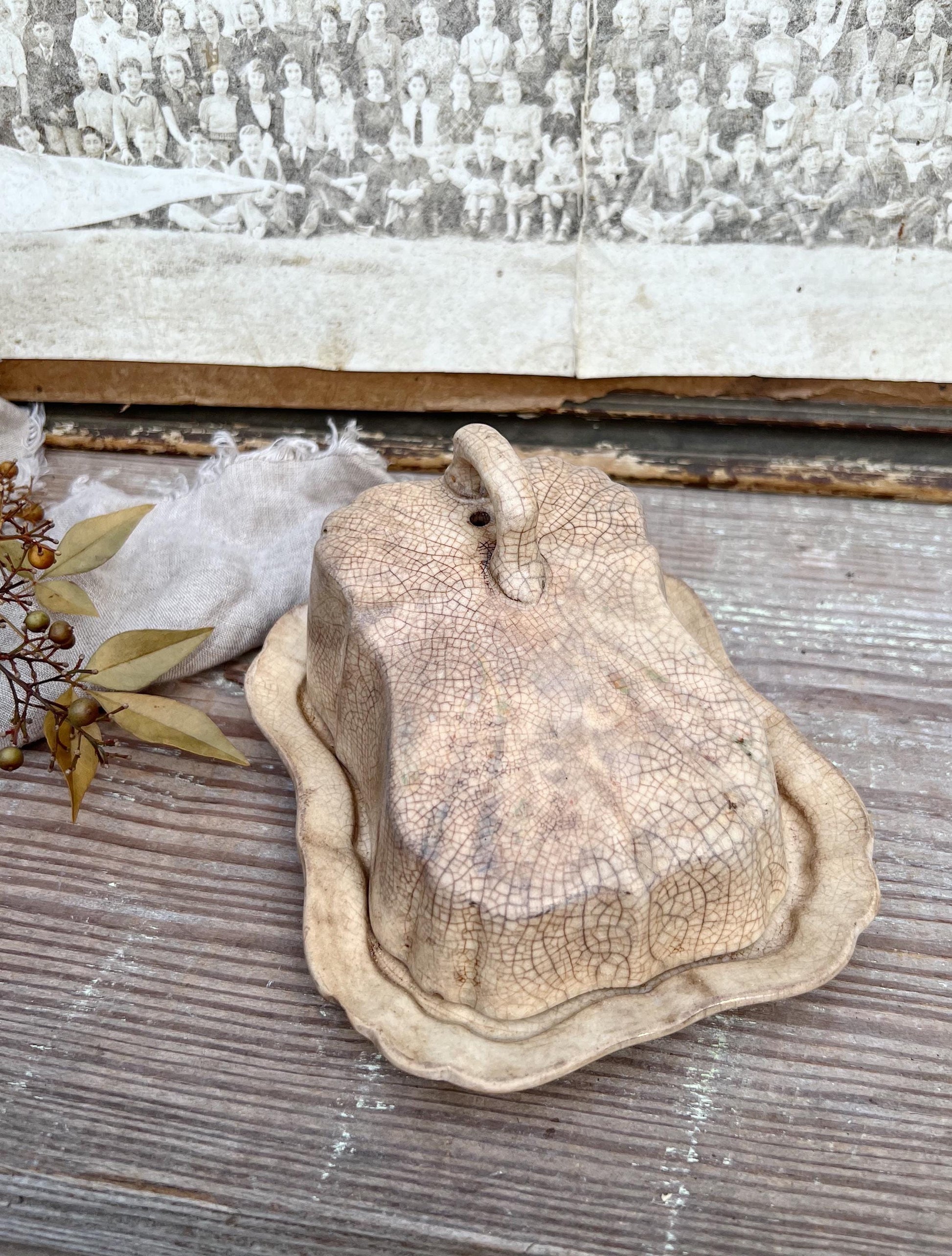Antique White Ironstone Cheese Cover Dome Lid With Platter Stained Crazed Hanley England