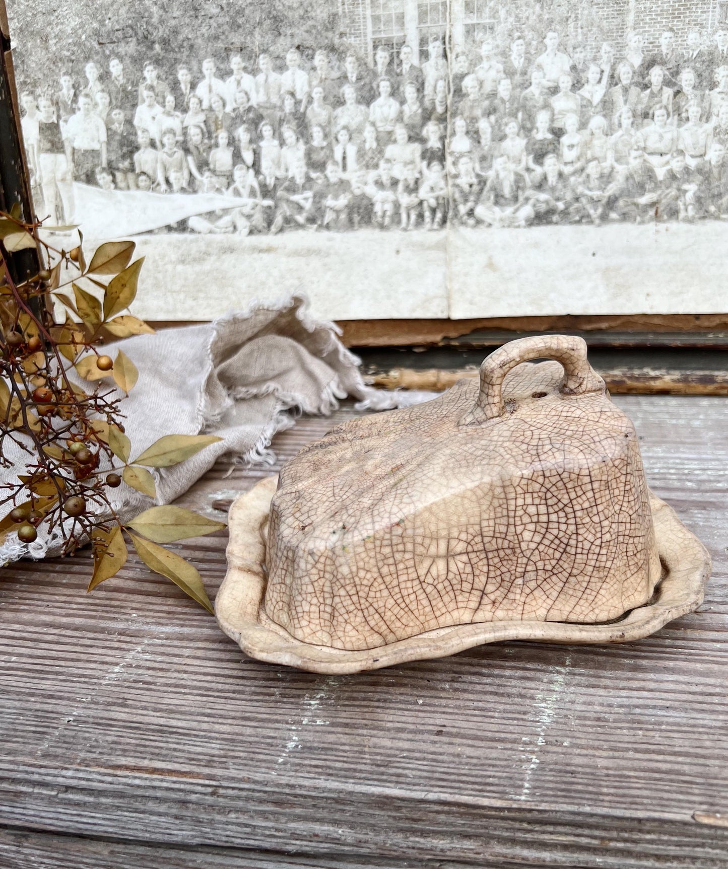 Antique White Ironstone Cheese Cover Dome Lid With Platter Stained Crazed Hanley England