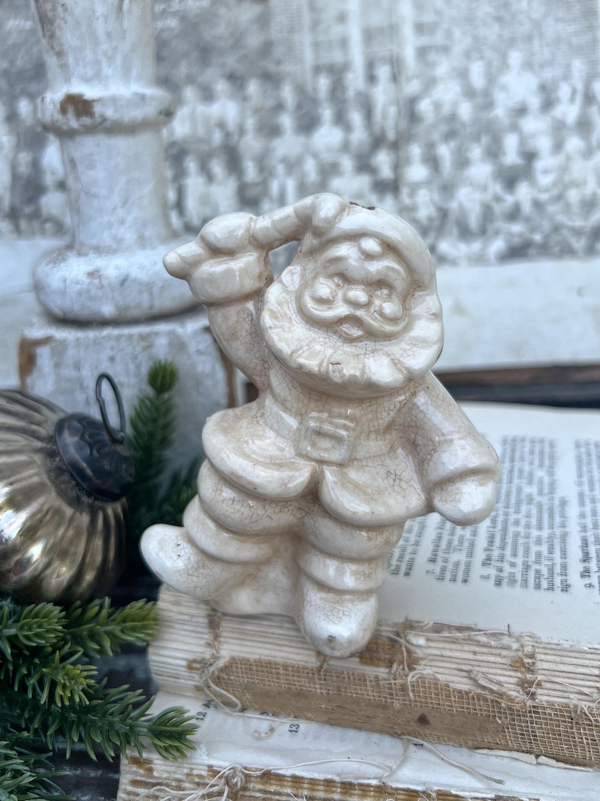 Vintage Ironstone Santa Claus with Candy Cane Salt Shaker Creamy WHITE Farmhouse Christmas Decor Stained Crazing