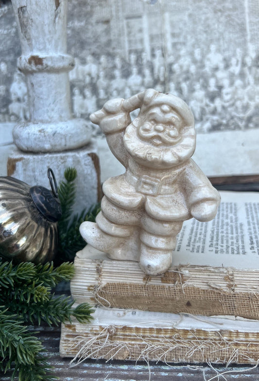 Vintage Ironstone Santa Claus with Candy Cane Salt Shaker Creamy WHITE Farmhouse Christmas Decor Stained Crazing