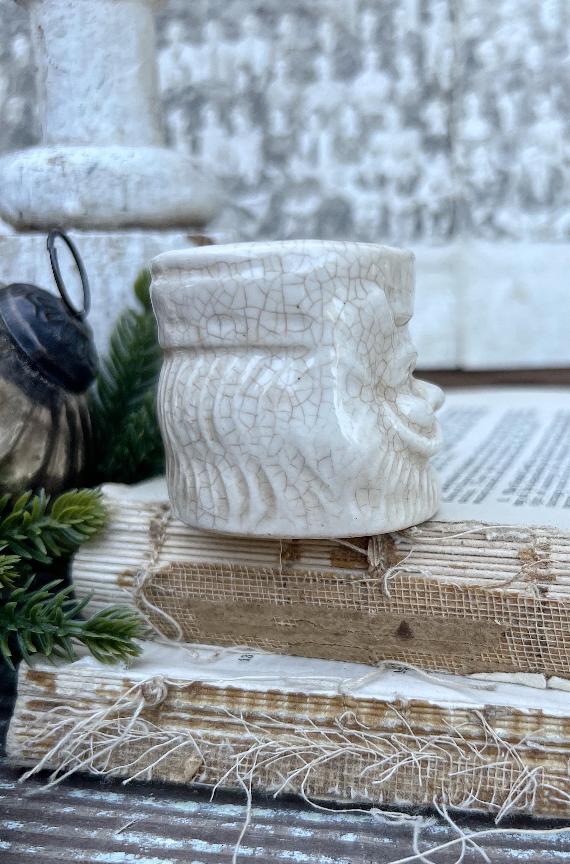 Vintage Ironstone Santa Claus Cup Mini Mug Santa Crazed Stained WHITE Farmhouse Christmas Decor JAPAN