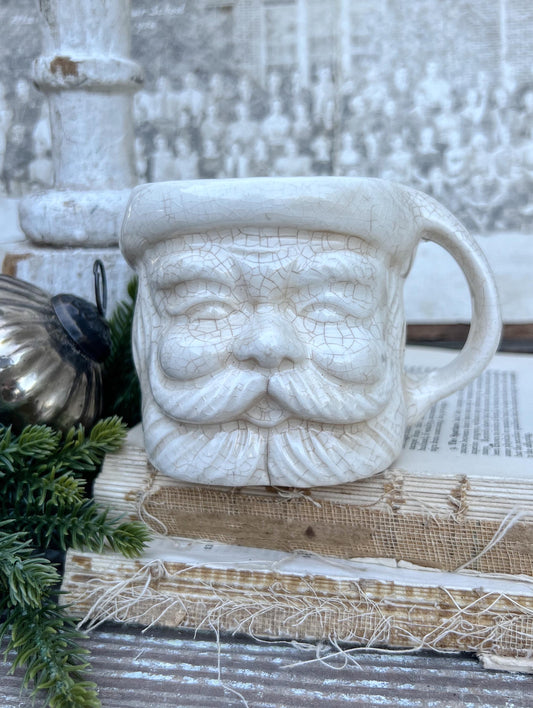 Vintage Ironstone Santa Claus Cup Mug FULL SIZE Creamy White Santa Farmhouse Christmas Decor RARE Japan Crazing Grungy Crazed