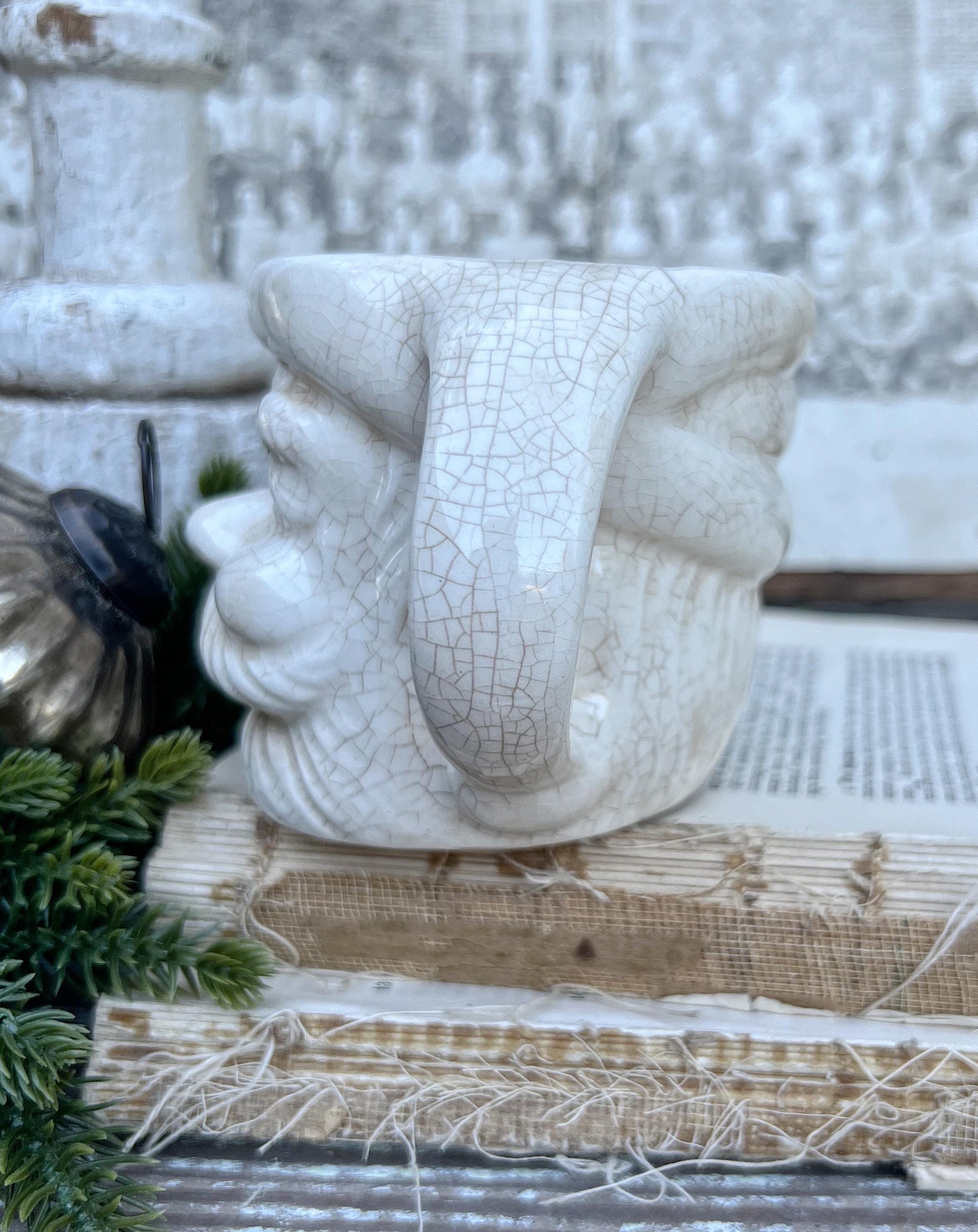 Vintage Ironstone Santa Claus Cup Mug FULL SIZE Creamy White Santa Farmhouse Christmas Decor RARE Japan Crazing Grungy Crazed