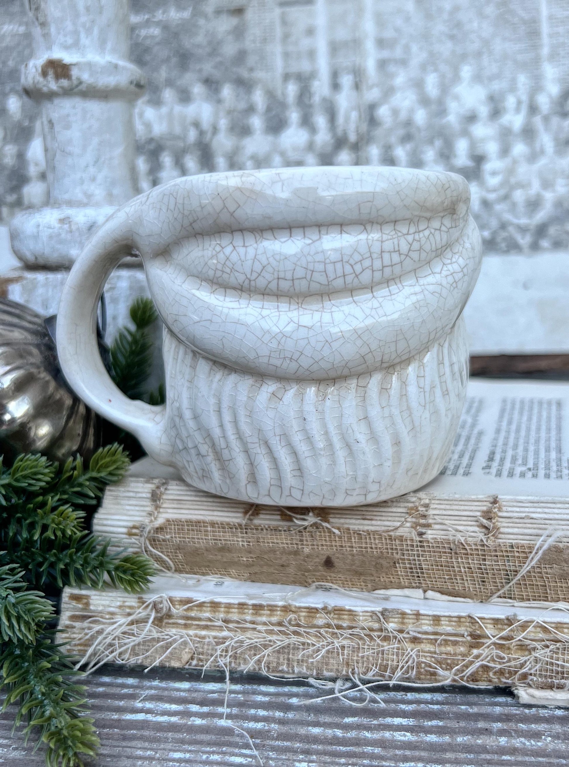 Vintage Ironstone Santa Claus Cup Mug FULL SIZE Creamy White Santa Farmhouse Christmas Decor RARE Japan Crazing Grungy Crazed