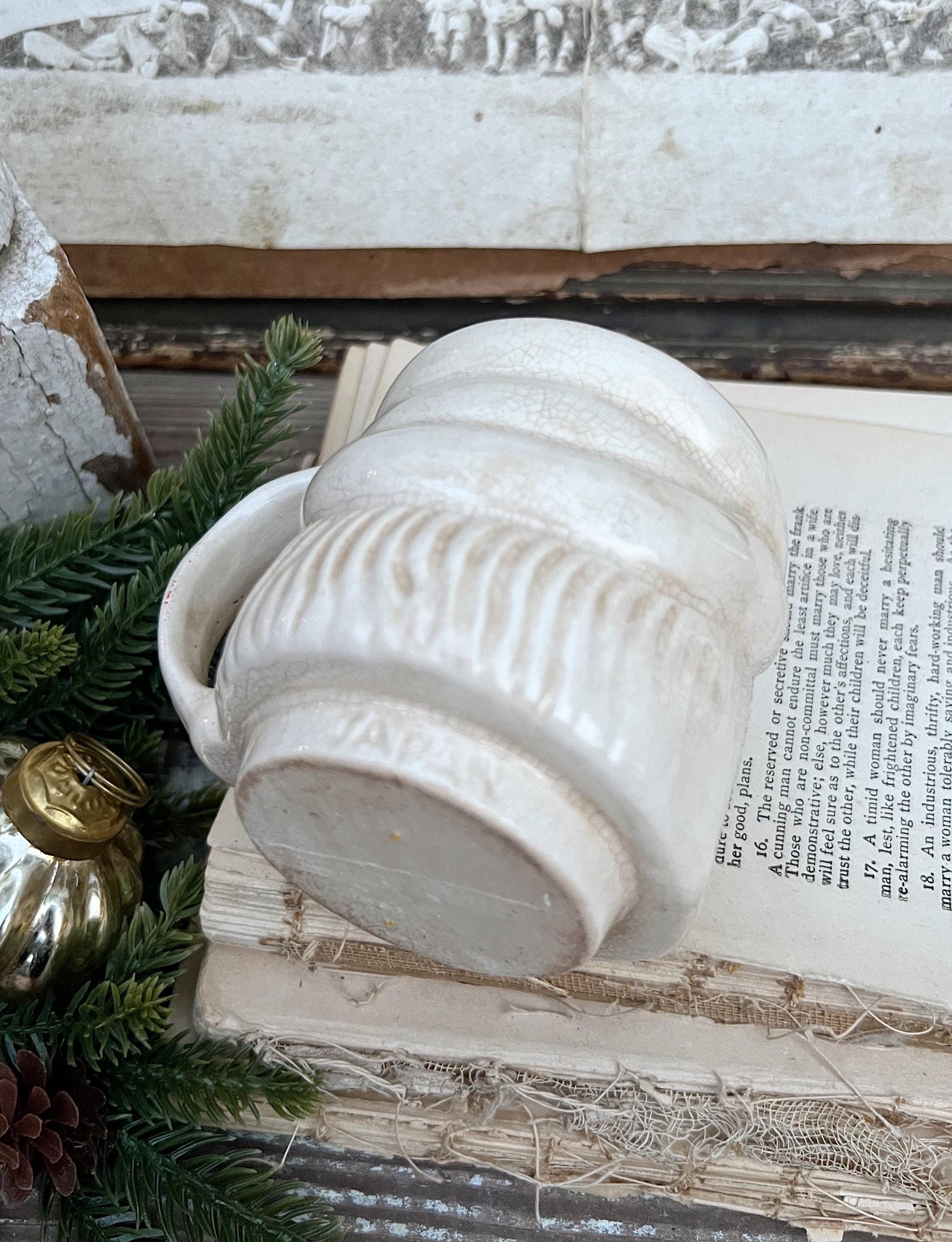 Vintage Ironstone Santa Claus Cup Mug FULL SIZE Creamy WHITE Santa Farmhouse Decor Stacking Footed Stackable Crazing Grungy Japan