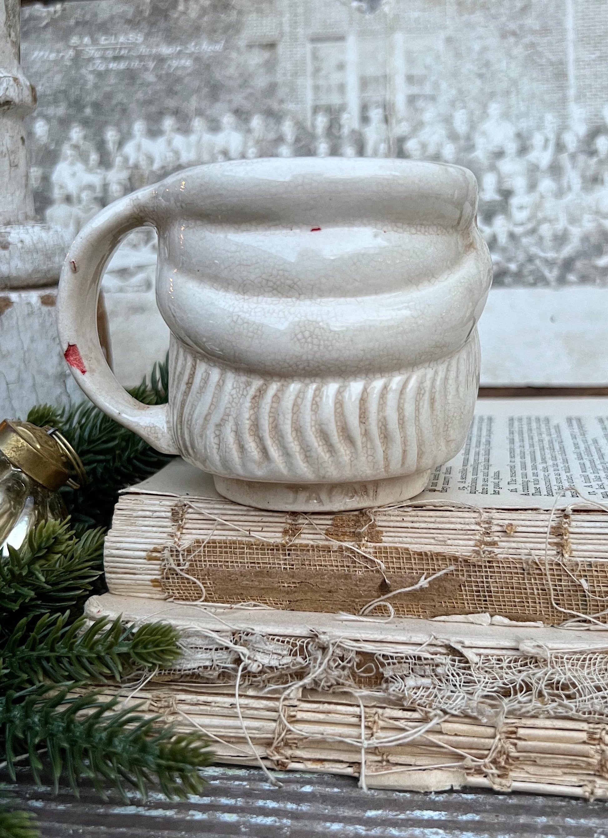 Vintage Ironstone Santa Claus Cup Mug FULL SIZE Creamy WHITE Santa Farmhouse Decor Stacking Footed Stackable Crazing Grungy Japan