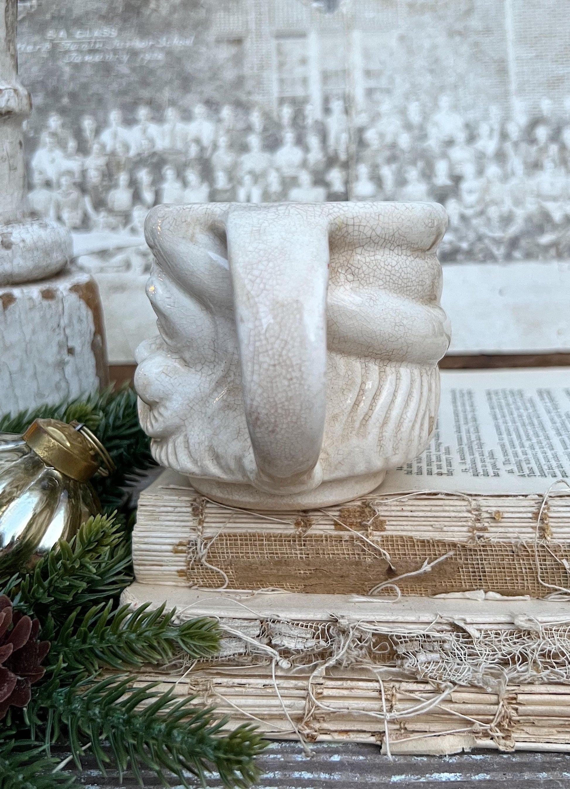 Vintage Ironstone Santa Claus Cup Mug FULL SIZE Creamy WHITE Santa Farmhouse Decor Stacking Footed Stackable Crazing Grungy Japan