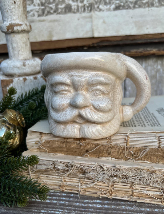 Vintage Ironstone Santa Claus Cup Mug FULL SIZE Creamy White Santa Farmhouse Christmas Decor RARE Japan Crazing Grungy Crazed