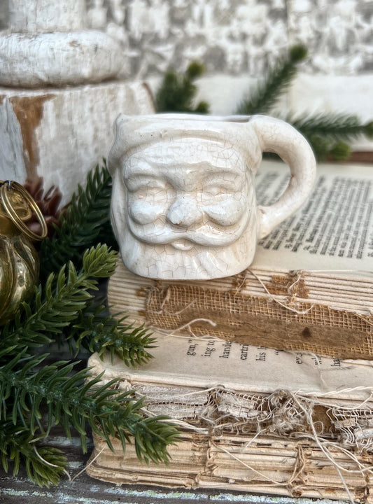 Vintage Ironstone Santa Claus Cup Mini Mug Santa Crazed Stained CREAMY WHITE Farmhouse Christmas Decor