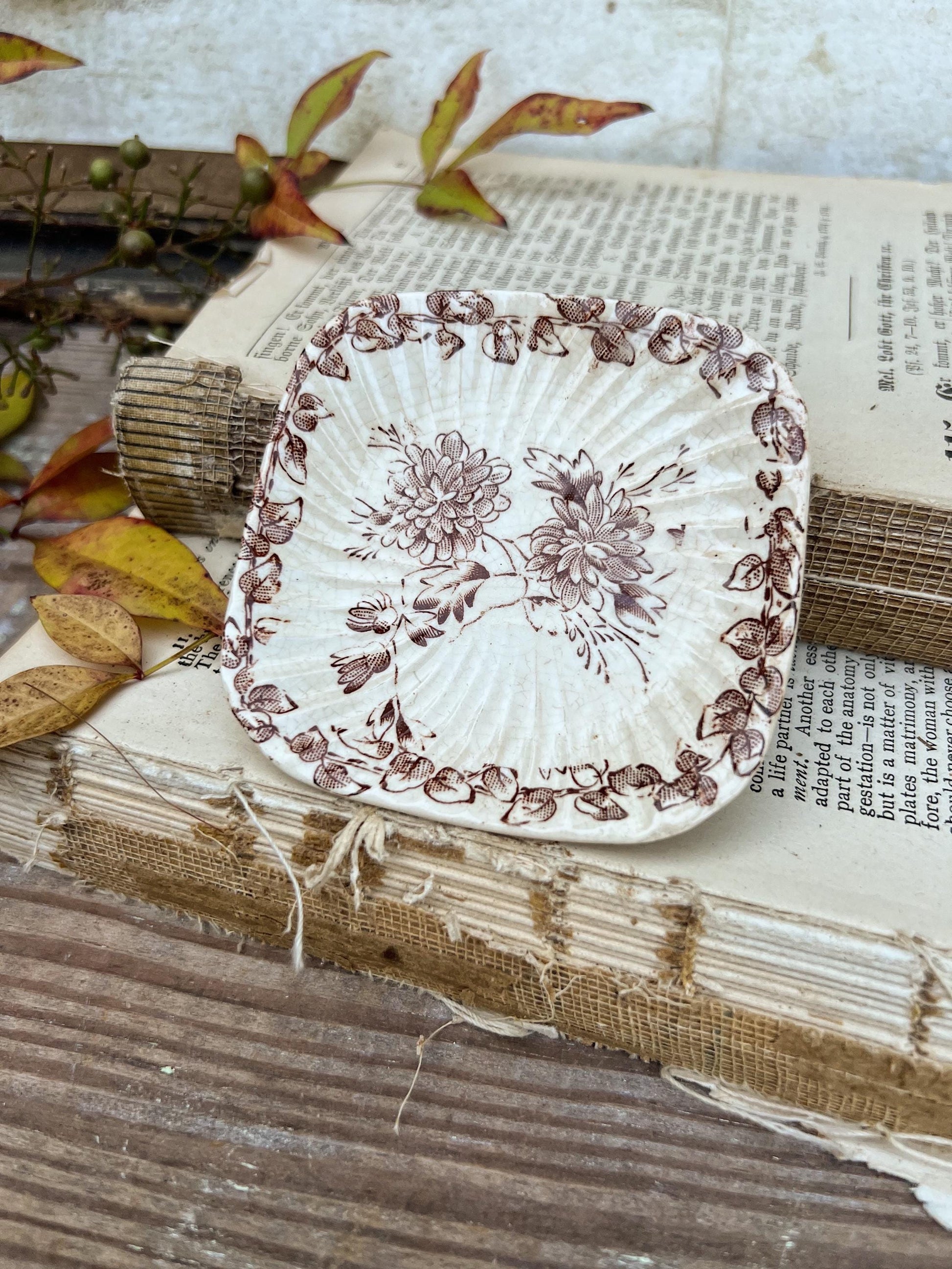 Antique SQUARE White Ironstone Butter Pat BROWN Transferware Floral Farmhouse Decor IVORY