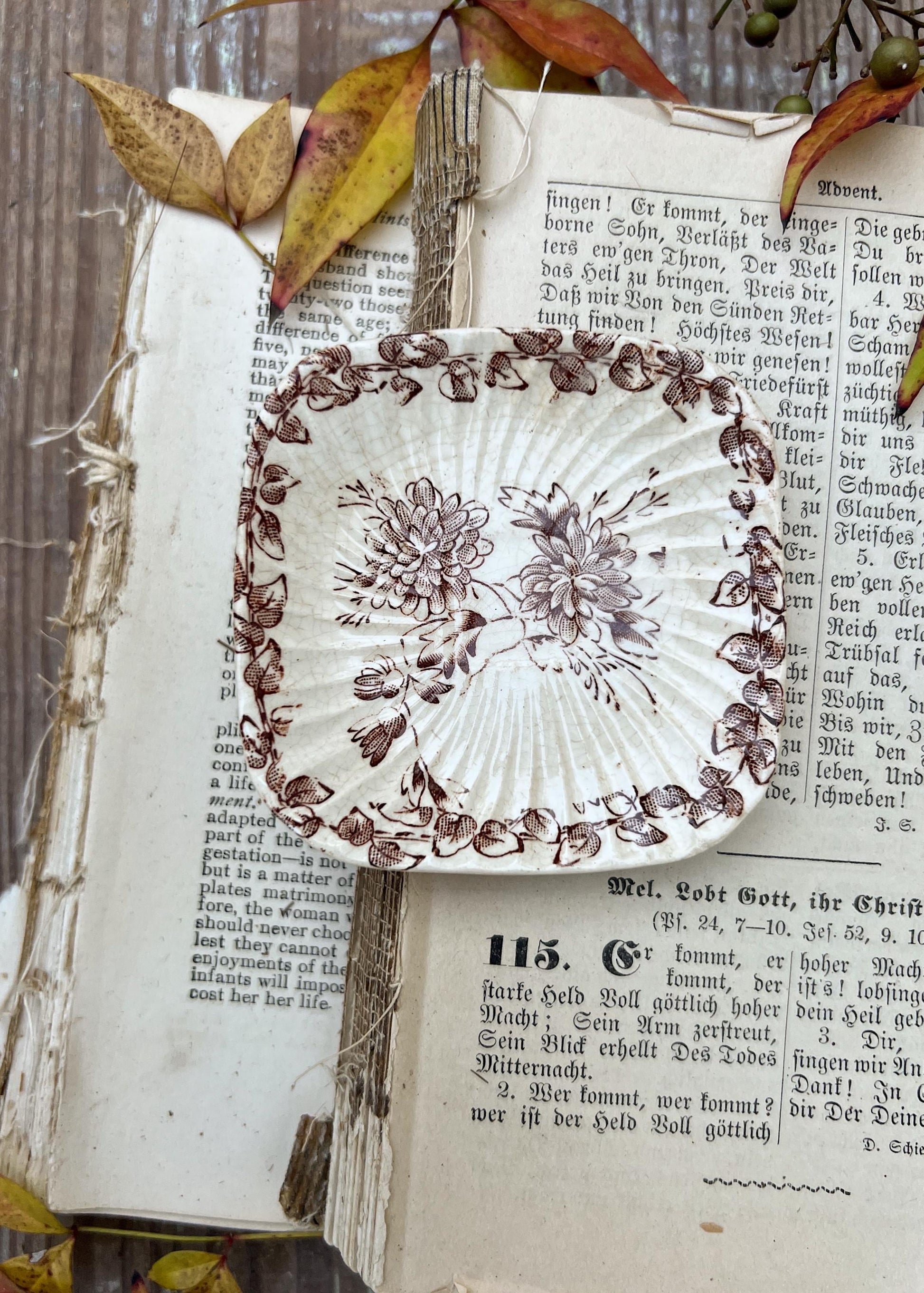 Antique SQUARE White Ironstone Butter Pat BROWN Transferware Floral Farmhouse Decor IVORY