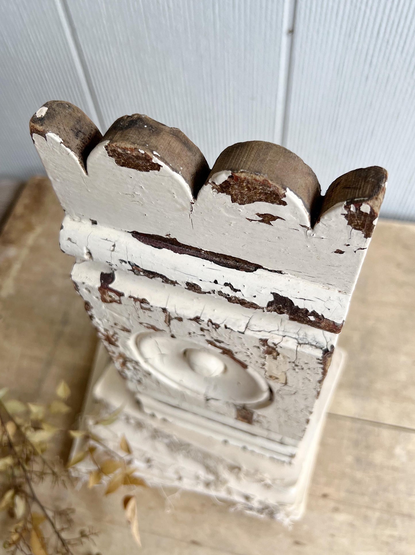 Antique EASTLAKE Plith CHIPPY WHITE Salvaged Pediment Architectural Wood Accent Trim Detail Reclaimed Farmhouse Rustic Decor