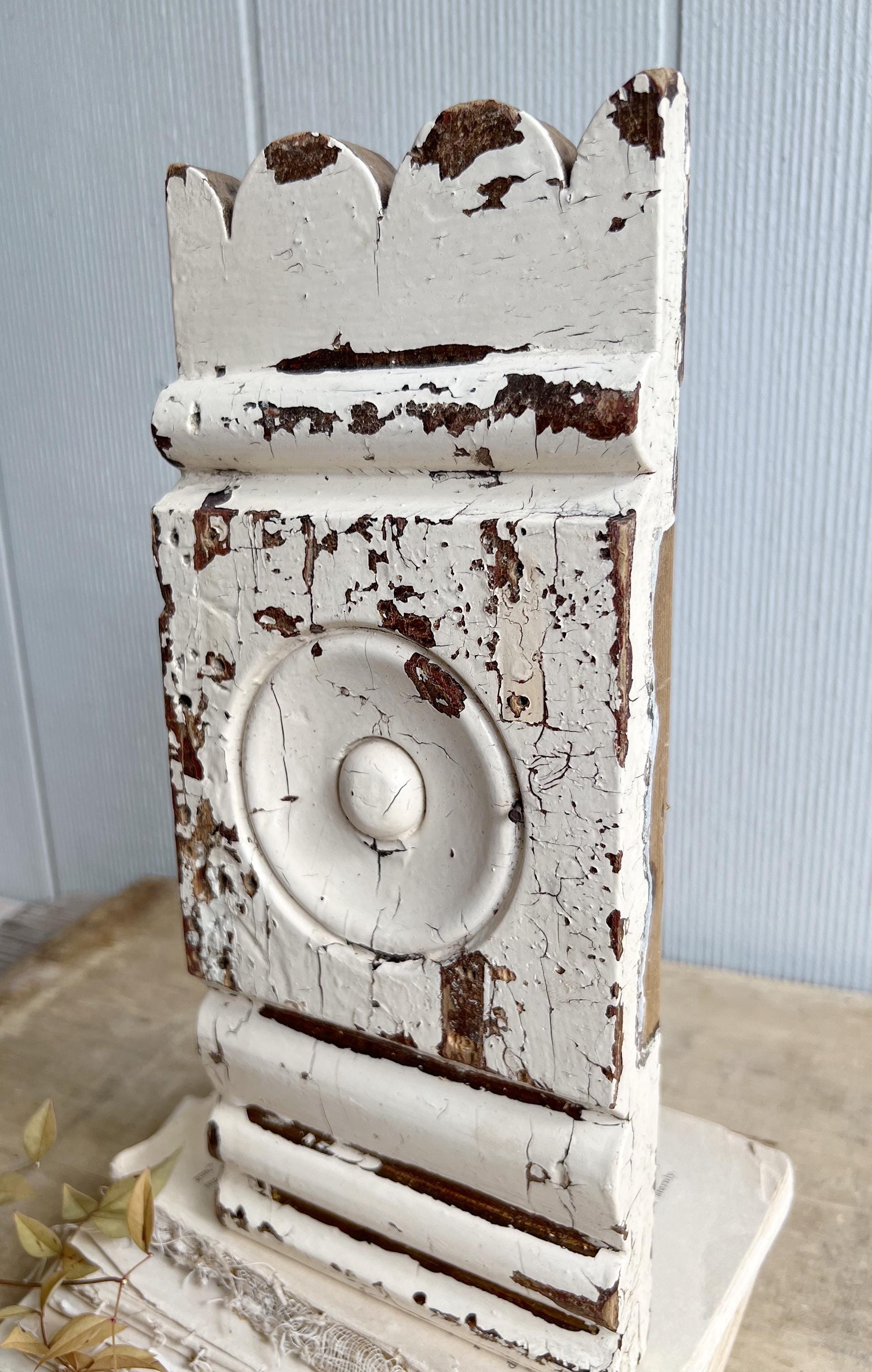 Antique EASTLAKE Plith CHIPPY WHITE Salvaged Pediment Architectural Wood Accent Trim Detail Reclaimed Farmhouse Rustic Decor