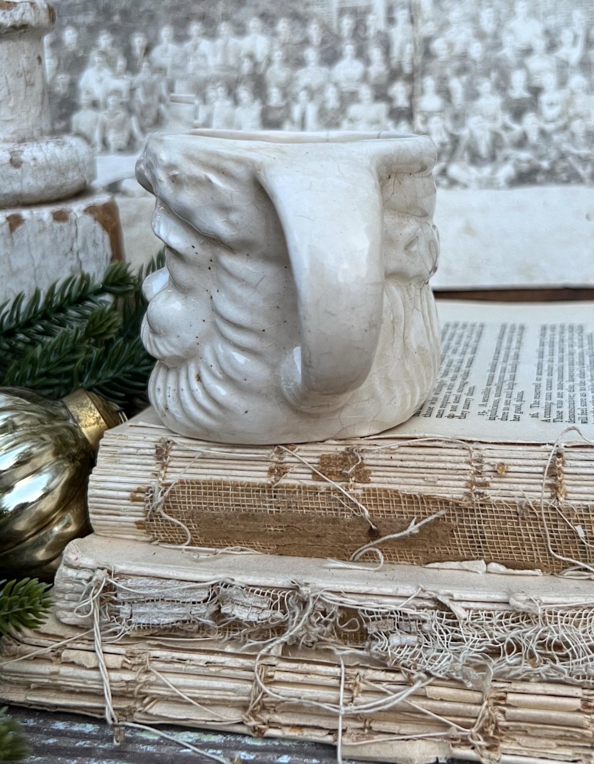 Vintage Ironstone Santa Claus Cup Mug FULL SIZE Creamy White Santa Farmhouse Christmas Decor RARE Japan Crazing Grungy Crazed
