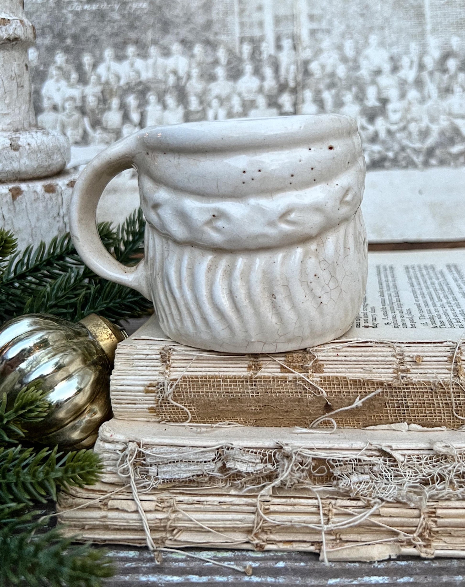 Vintage Ironstone Santa Claus Cup Mug FULL SIZE Creamy White Santa Farmhouse Christmas Decor RARE Japan Crazing Grungy Crazed