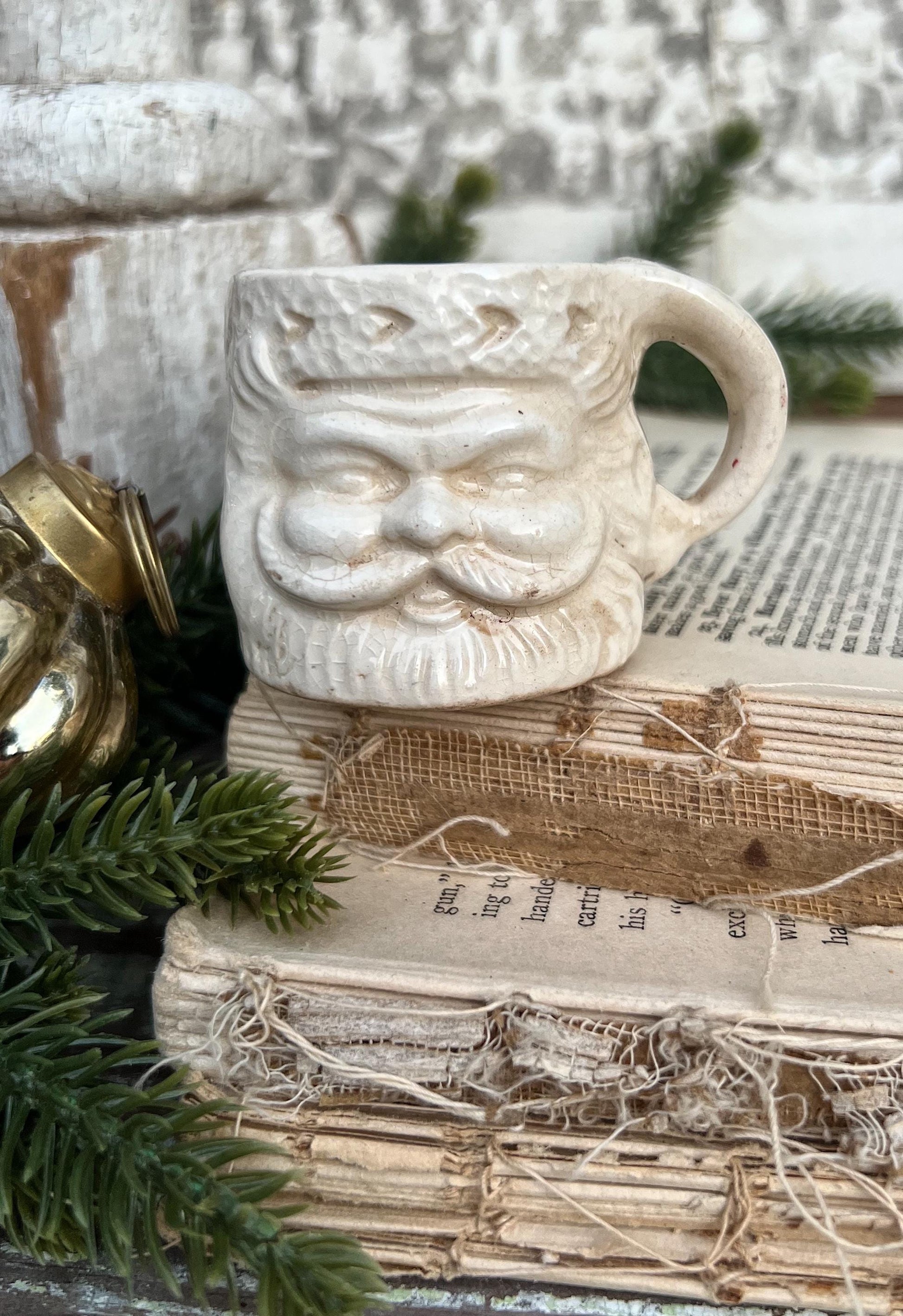 Vintage Ironstone Santa Claus Cup Mini Mug Santa Crazed Stained WHITE Farmhouse Christmas Decor JAPAN