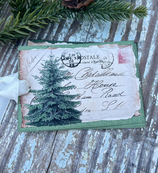 Pine TREE Christmas Gift Tags Vintage POST CARD Farmhouse Decor Card French Shabby Gift Wrap Christmas Tree Ornament