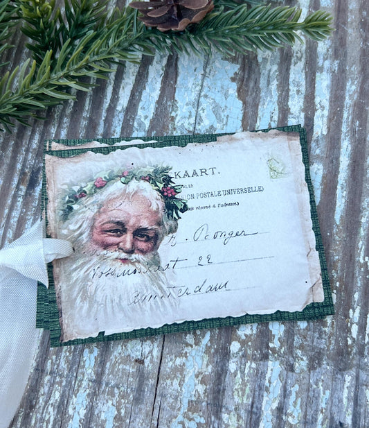 SANTA Christmas Gift Tags Vintage POST CARD Green Wreath Farmhouse Decor Card French Shabby Gift Wrap Christmas Ornament