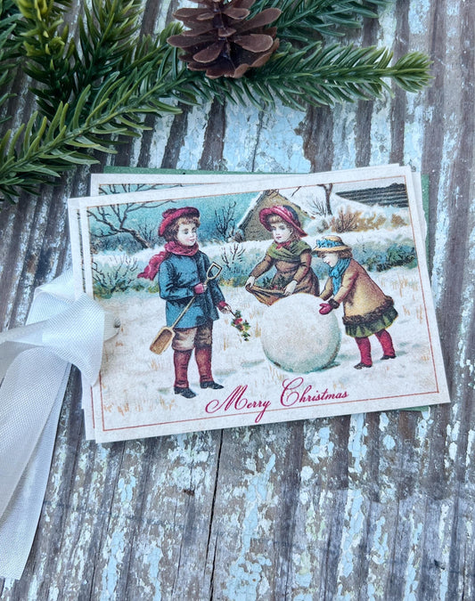 Christmas CHILDREN IN SNOW Vintage Gift Tags Victorian Farmhouse Christmas Decor Card French Shabby Gift Wrap