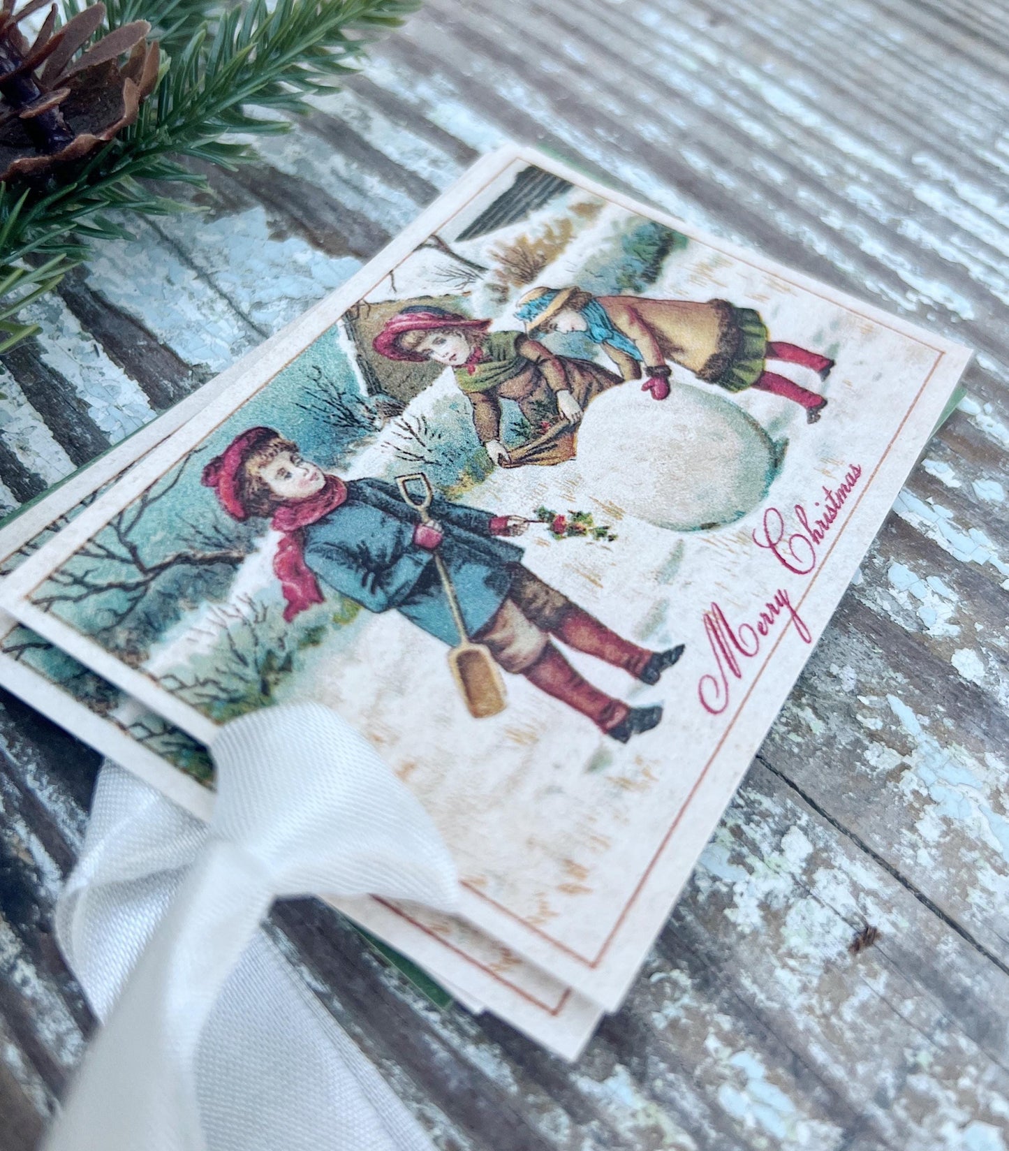 Christmas CHILDREN IN SNOW Vintage Gift Tags Victorian Farmhouse Christmas Decor Card French Shabby Gift Wrap