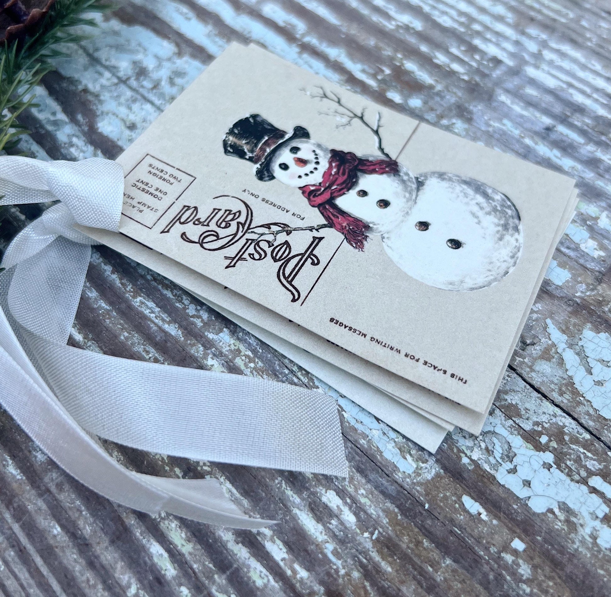 SNOWMAN Christmas Gift Tags Vintage POST CARD Frosty Farmhouse Decor Card French Shabby Gift Wrap Christmas Ornament