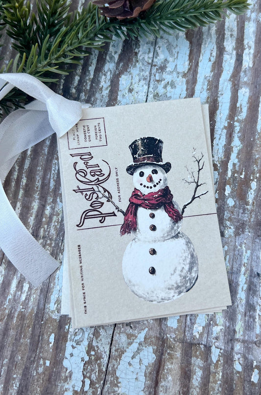 SNOWMAN Christmas Gift Tags Vintage POST CARD Frosty Farmhouse Decor Card French Shabby Gift Wrap Christmas Ornament