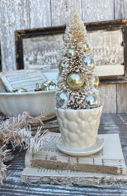 Antique Cream Ivory WHITE BUBBLE Flower Pot With Saucer USA Planter Container Farmhouse Vintage Garden Decor Christmas