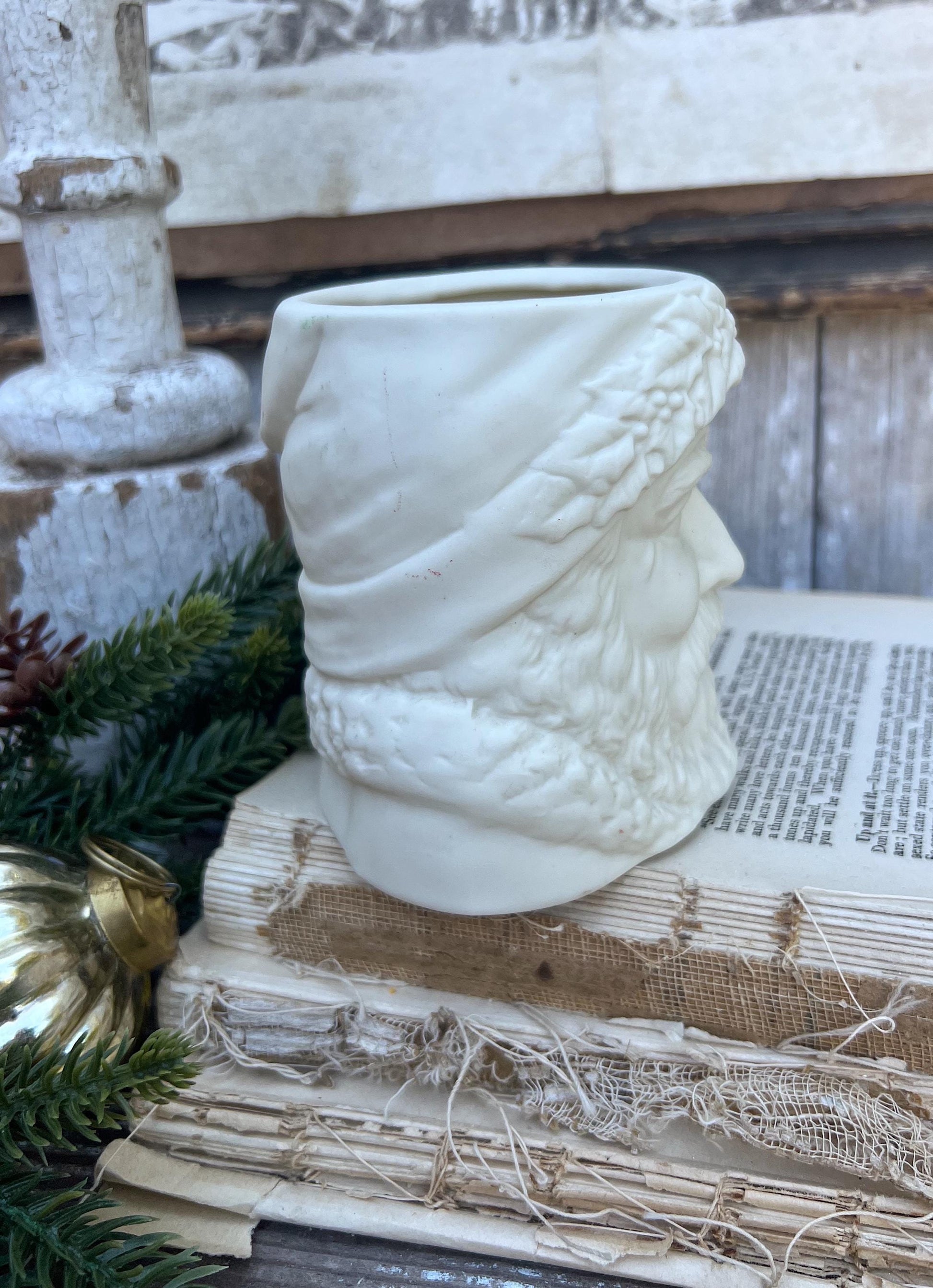 Vintage Santa Claus Face Planter Candle Holder LEFTON Creamy White Santa Farmhouse Christmas Decor