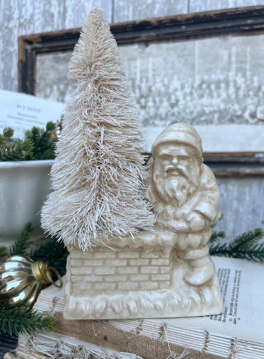 Vintage SANTA CHIMNEY PLANTER Creamy White Ironstone Crazing Grungy Ceramic Container Farmhouse Christmas Decor Japan