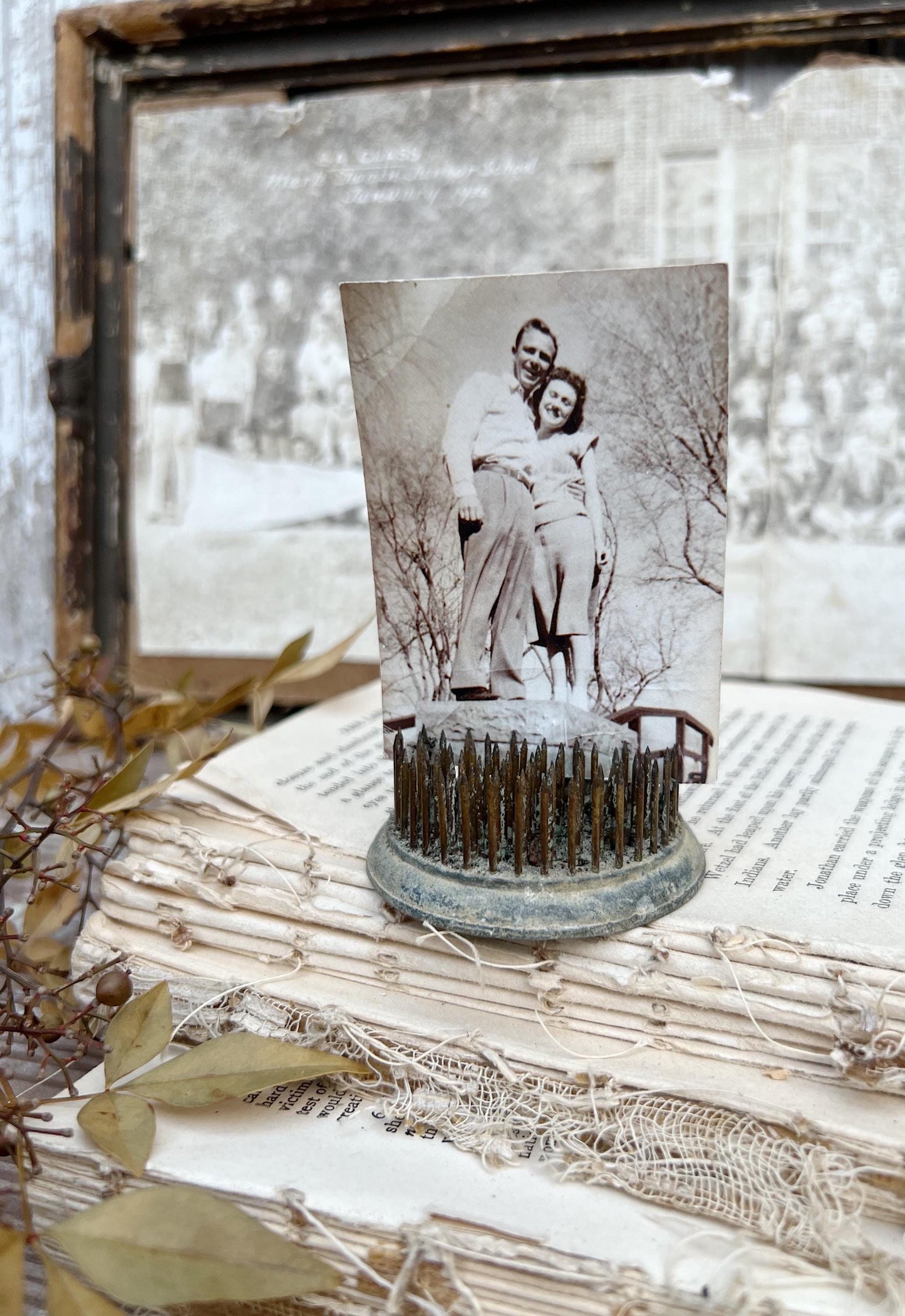 Vintage Floral Frog Large Antique Flower Spike Photo Display Farmhouse Decor Garden Industrial Salvage