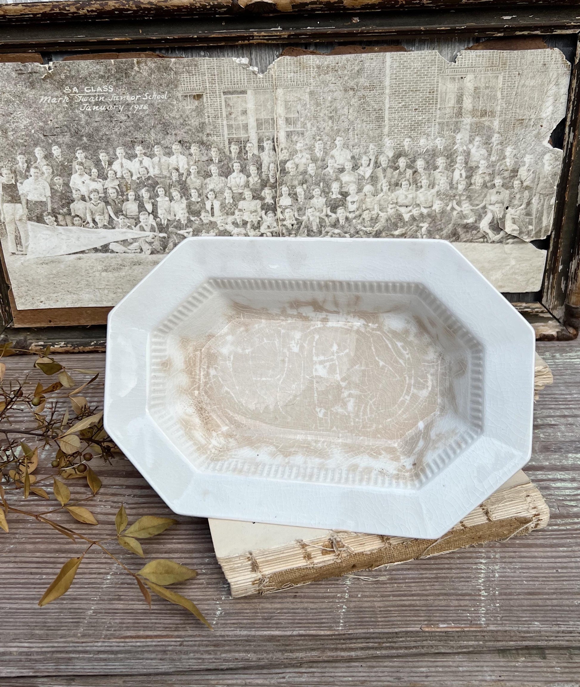 Vintage White Ironstone Divided Oval Bowl Serving Dish INDEPENDENCE Farmhouse Decor GRUNGY Crazing Stained