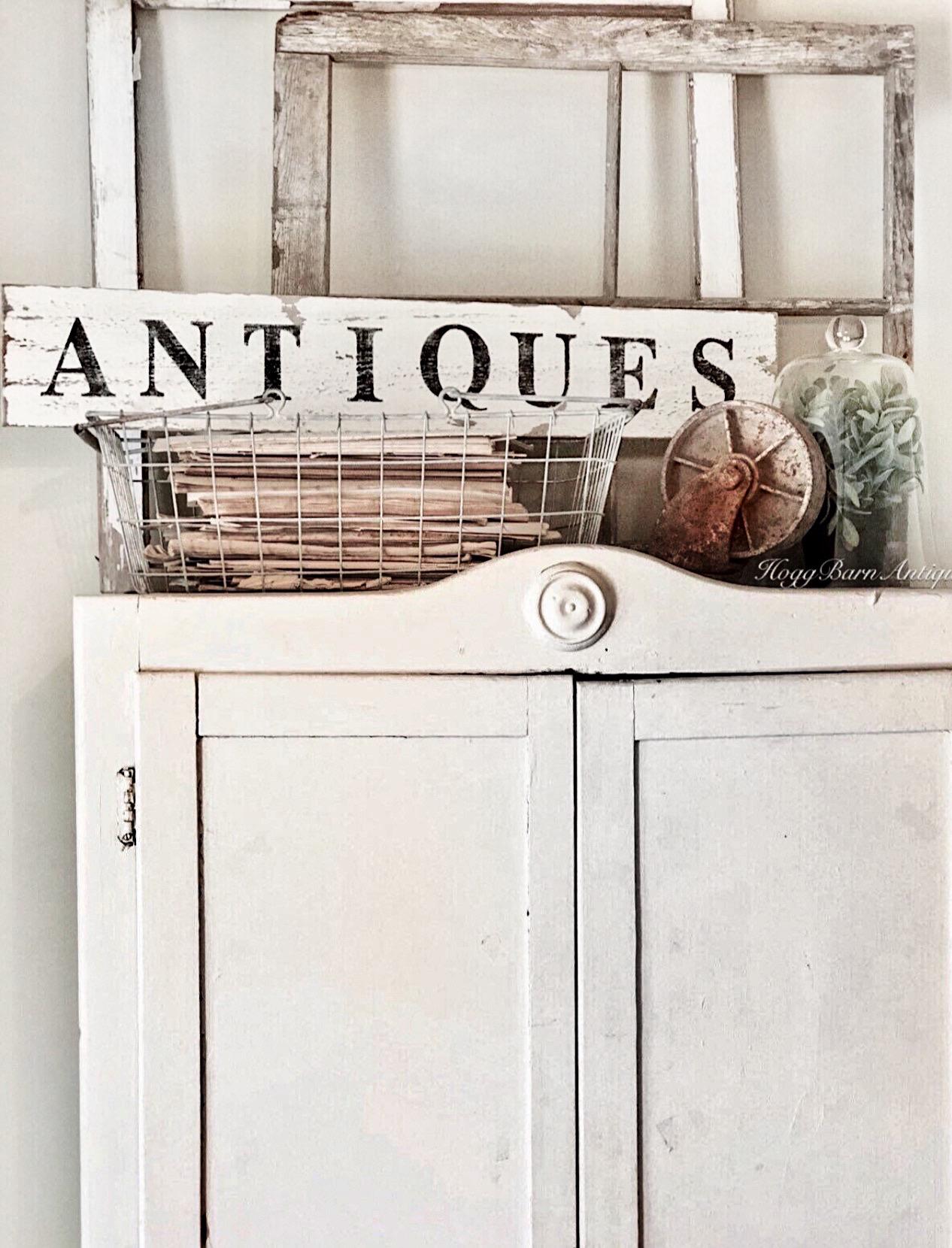 ANTIQUES Sign Farmhouse Wood Salvage Barn Wood Primitive Decor Architectural Reclaimed White Chippy Paint Wall Rustic Fixer Upper Decor