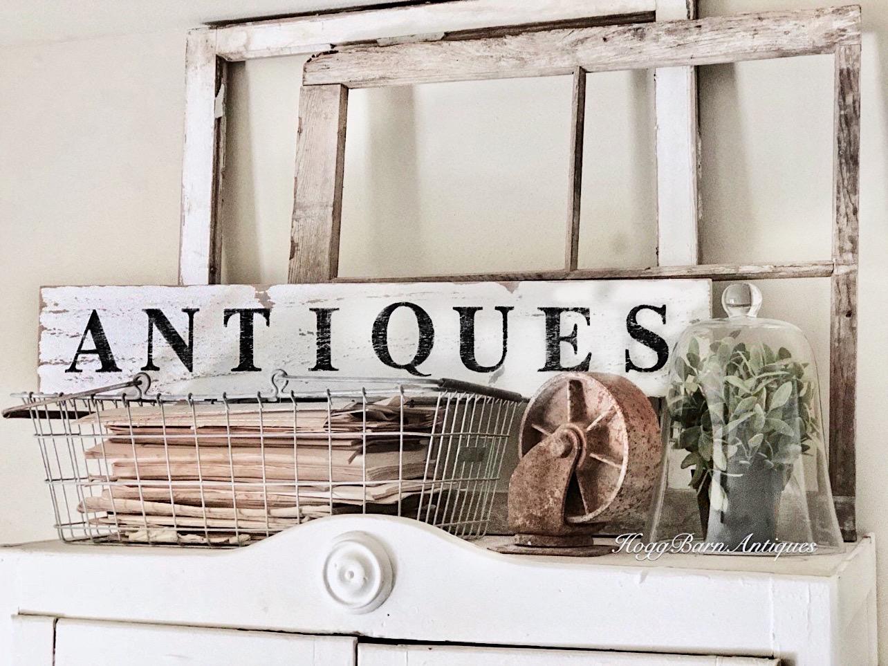ANTIQUES Sign Farmhouse Wood Salvage Barn Wood Primitive Decor Architectural Reclaimed White Chippy Paint Wall Rustic Fixer Upper Decor
