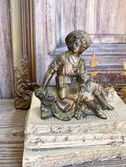 Antique Victorian French Spelter Herder Metal Statue Figurine Brass