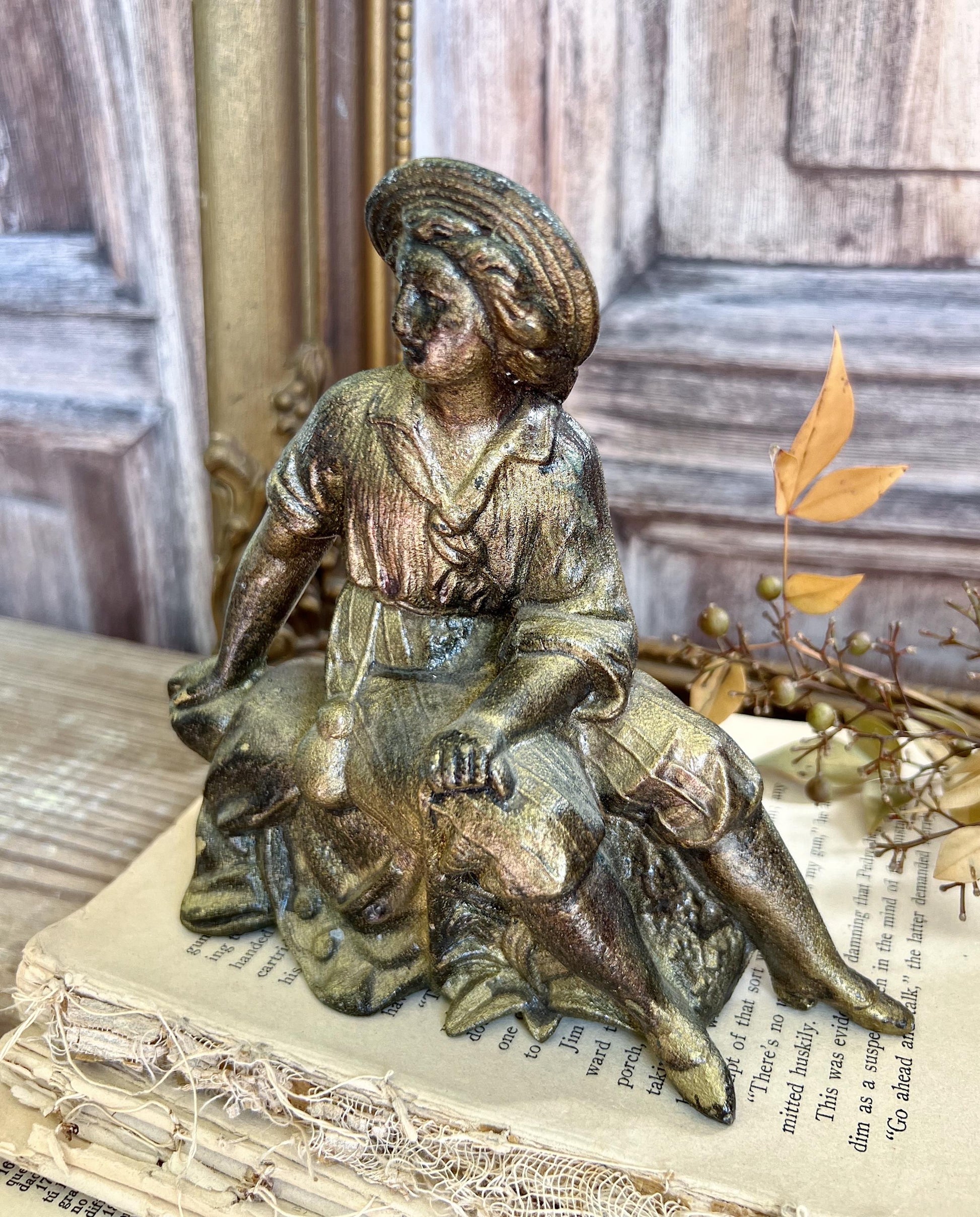 Antique Victorian French Spelter Herder Metal Statue Figurine Brass