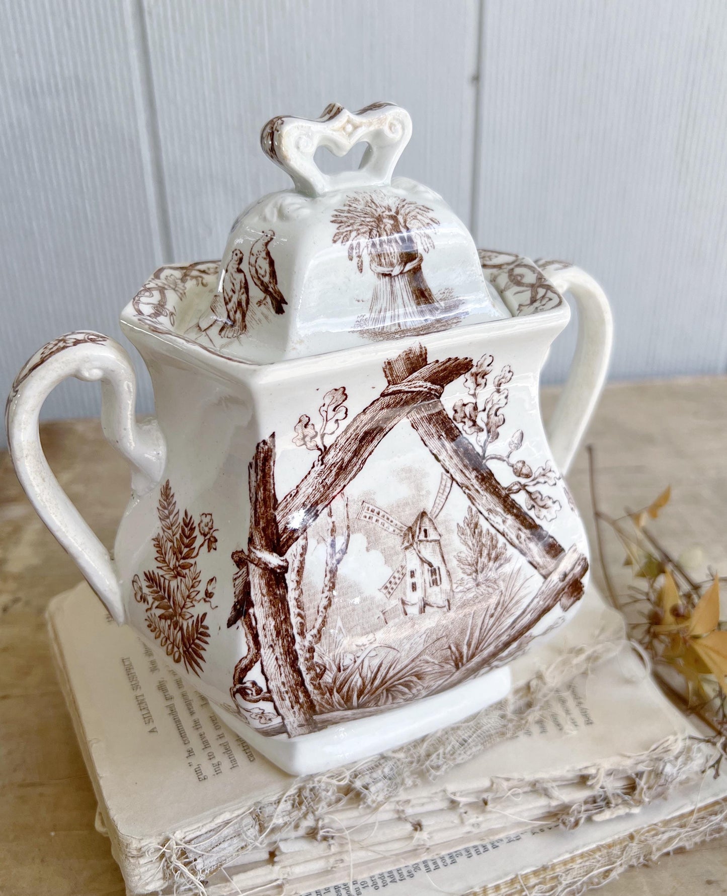 Antique Ironstone Sugar Bowl Jar Biscuit BROWN Transferware BIRD Farmhouse Decor