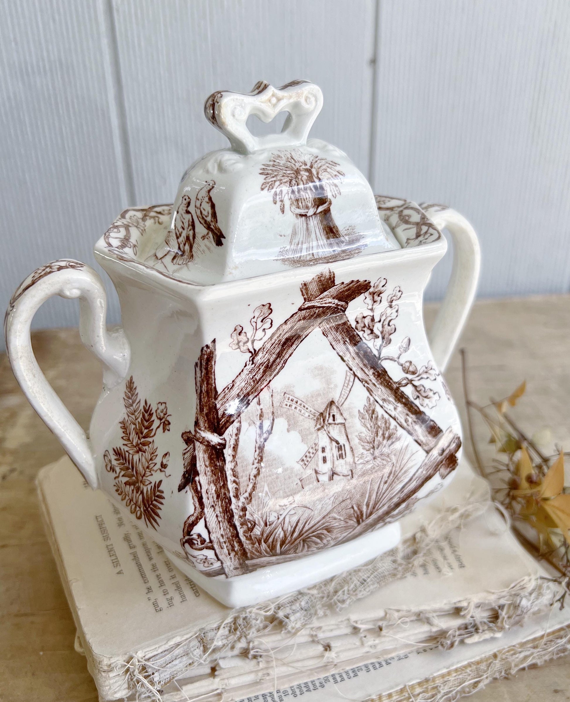 Antique Ironstone Sugar Bowl Jar Biscuit BROWN Transferware BIRD Farmhouse Decor