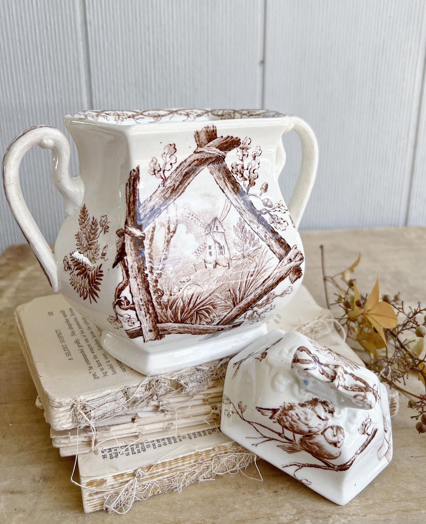 Antique Ironstone Sugar Bowl Jar Biscuit BROWN Transferware BIRD Farmhouse Decor