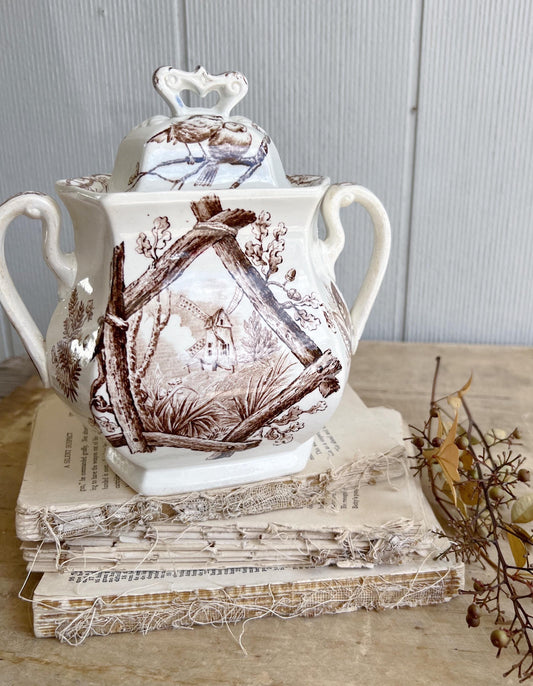 Antique Ironstone Sugar Bowl Jar Biscuit BROWN Transferware BIRD Farmhouse Decor