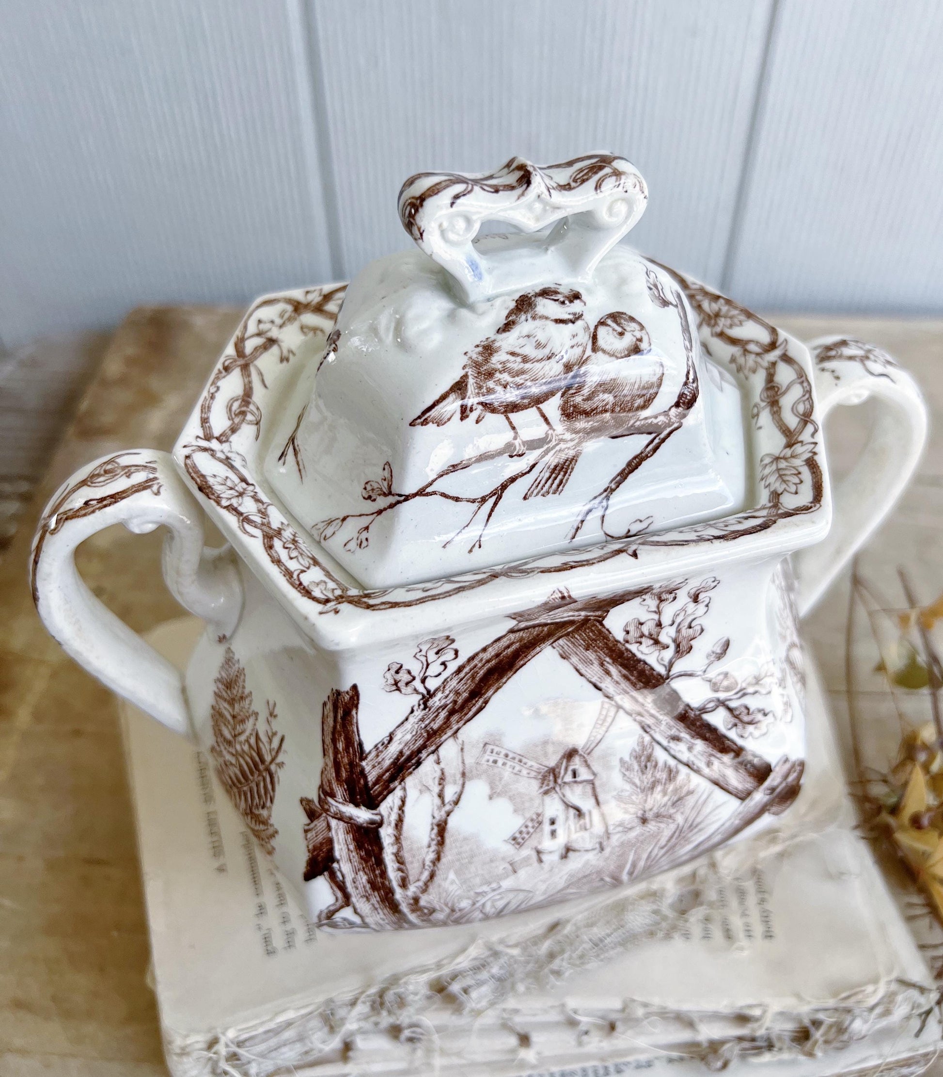 Antique Ironstone Sugar Bowl Jar Biscuit BROWN Transferware BIRD Farmhouse Decor