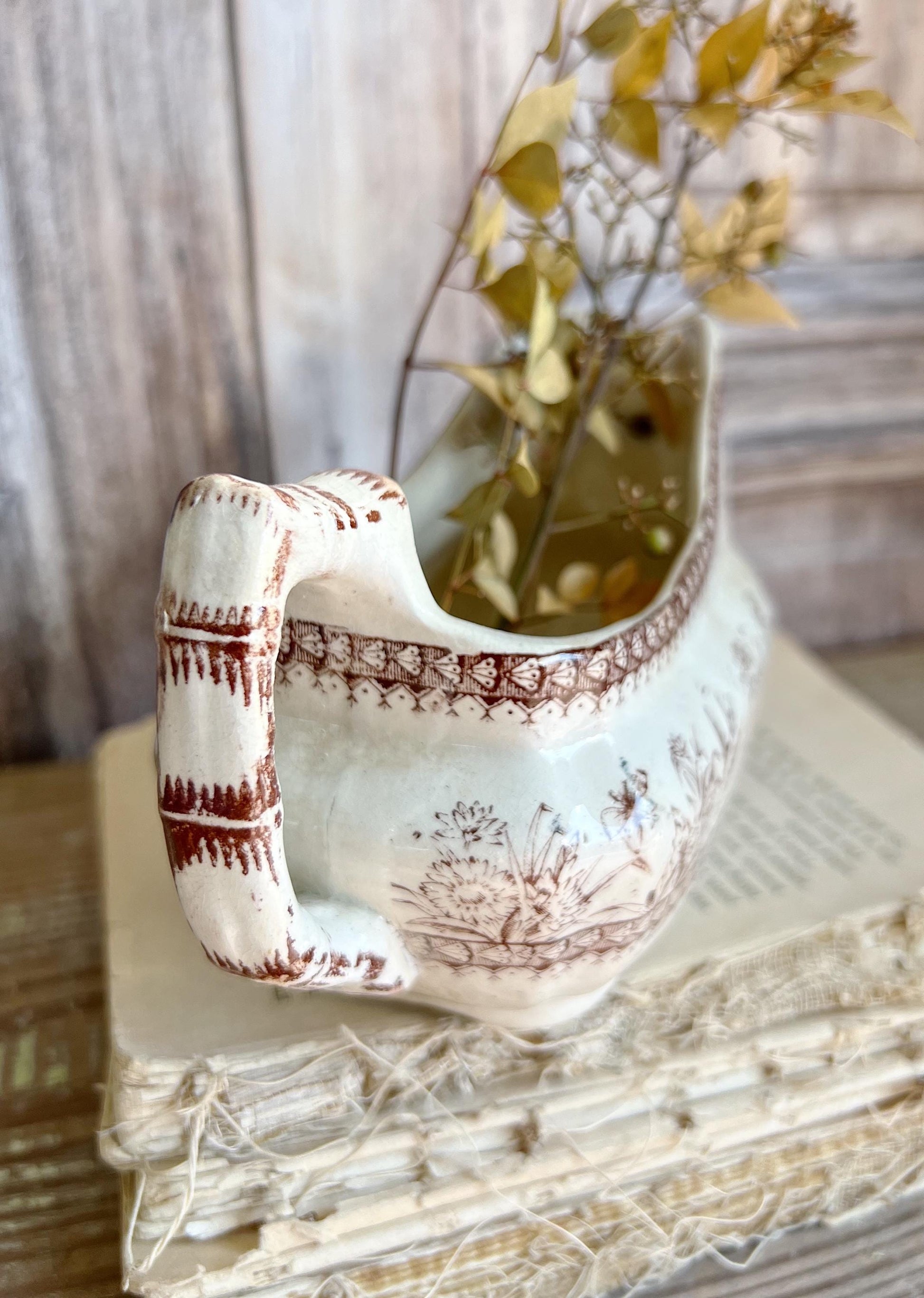 Antique Ironstone GRAVY Boat Pitcher BROWN Transferware Birds England Farmhouse Decor English Ironstone Crazed Stained