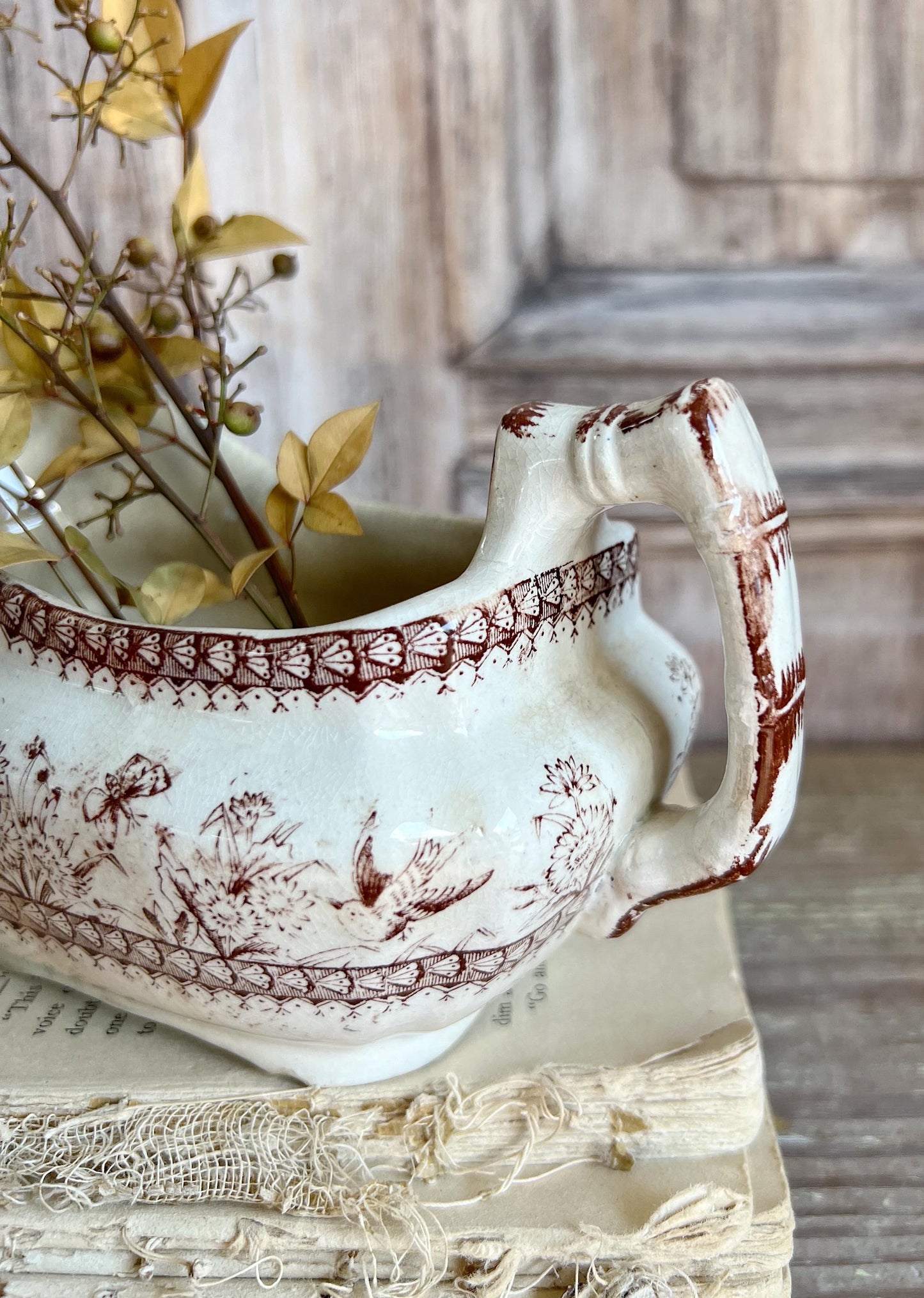 Antique Ironstone GRAVY Boat Pitcher BROWN Transferware Birds England Farmhouse Decor English Ironstone Crazed Stained