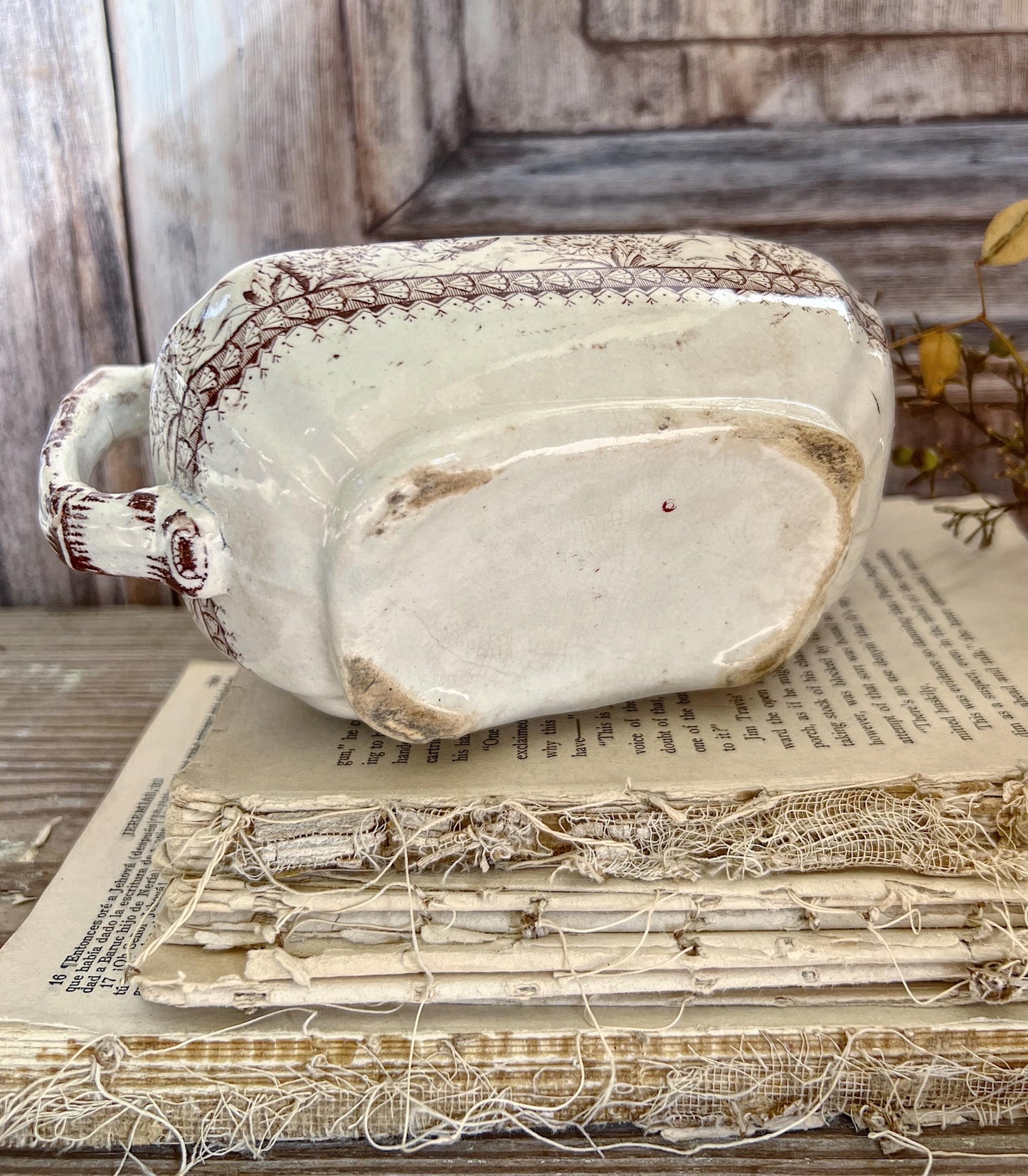 Antique Ironstone GRAVY Boat Pitcher BROWN Transferware Birds England Farmhouse Decor English Ironstone Crazed Stained