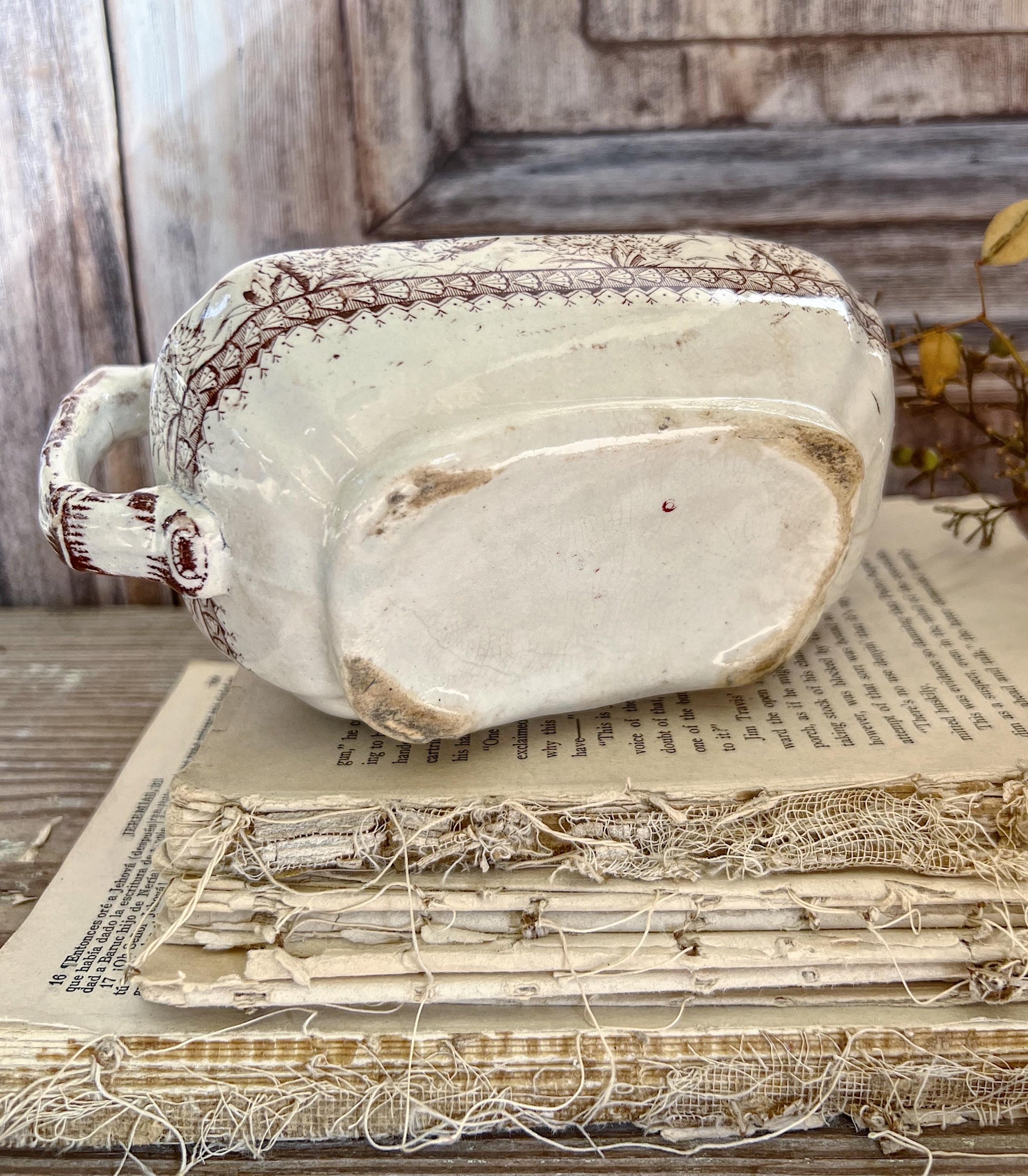 Antique Ironstone GRAVY Boat Pitcher BROWN Transferware Birds England Farmhouse Decor English Ironstone Crazed Stained