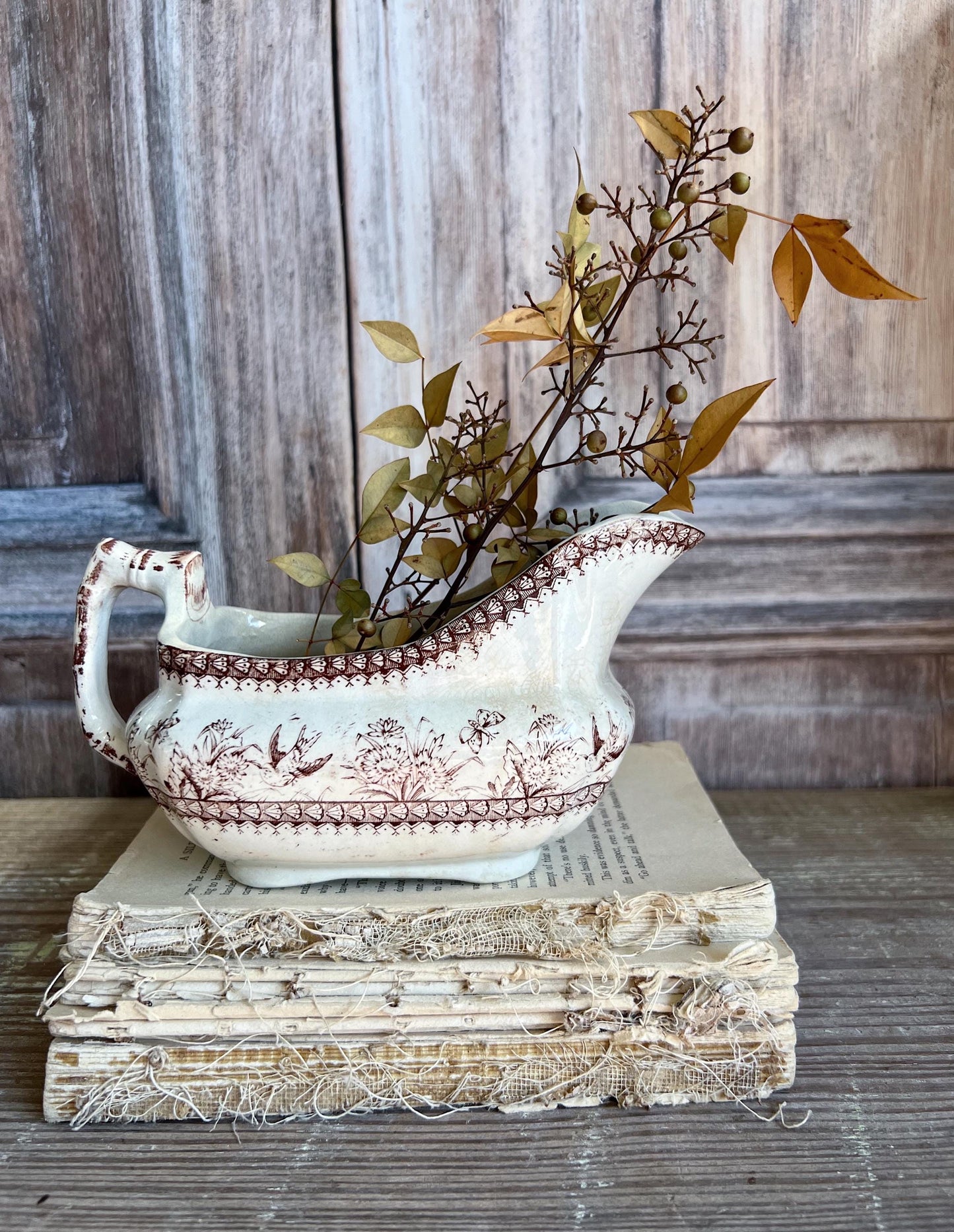 Antique Ironstone GRAVY Boat Pitcher BROWN Transferware Birds England Farmhouse Decor English Ironstone Crazed Stained