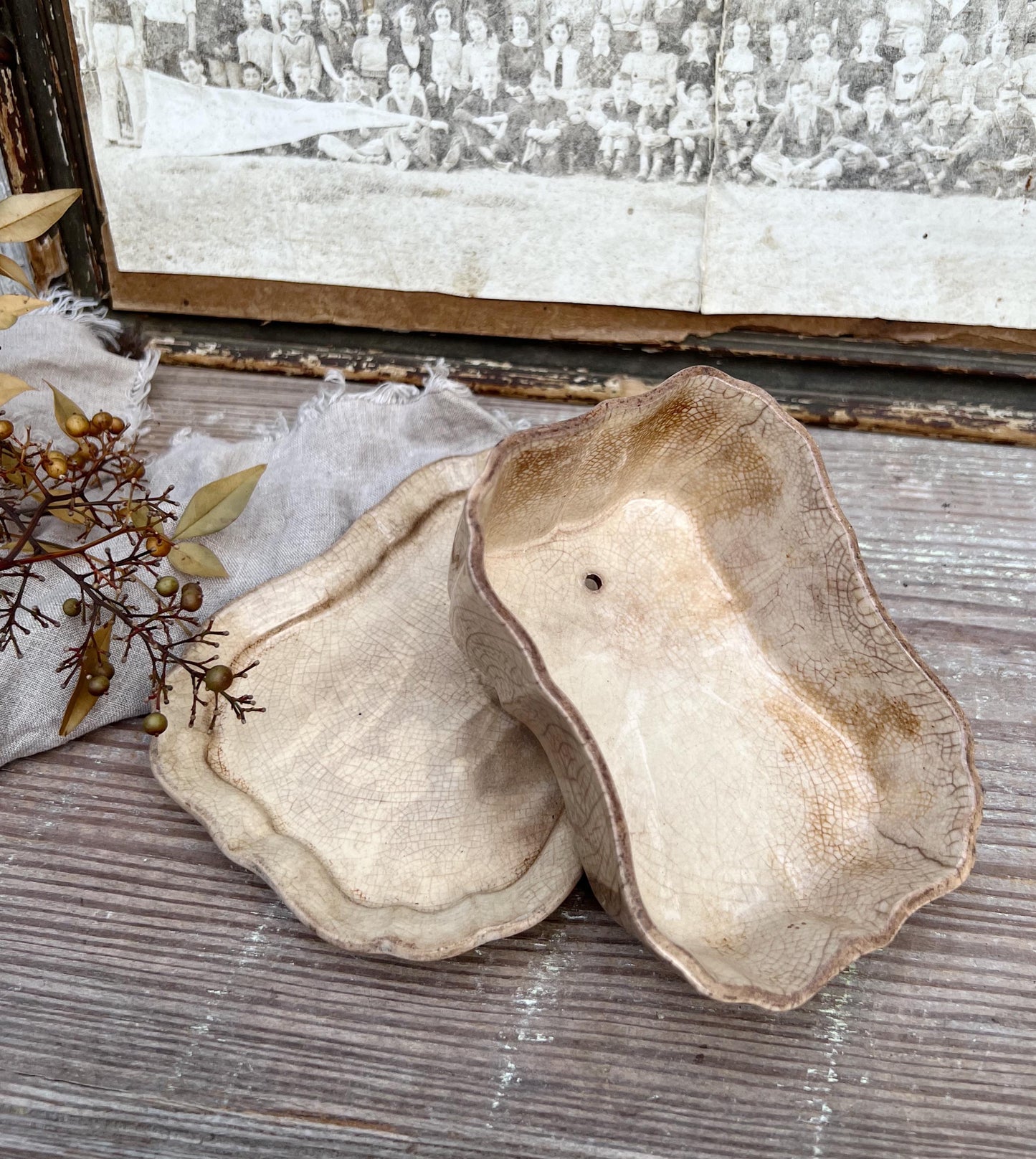 Antique White Ironstone Cheese Cover Dome Lid With Platter Stained Crazed Hanley England