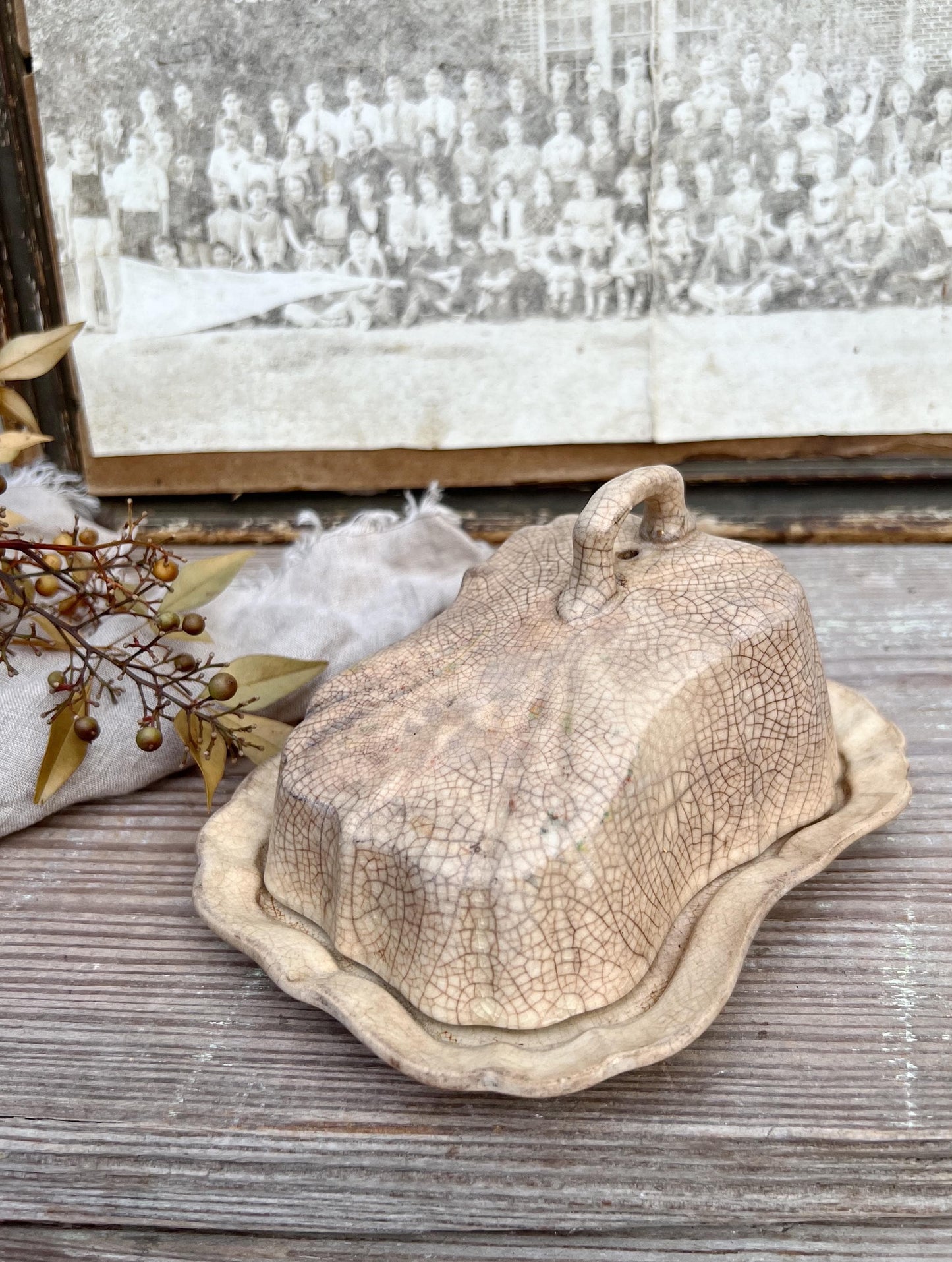 Antique White Ironstone Cheese Cover Dome Lid With Platter Stained Crazed Hanley England