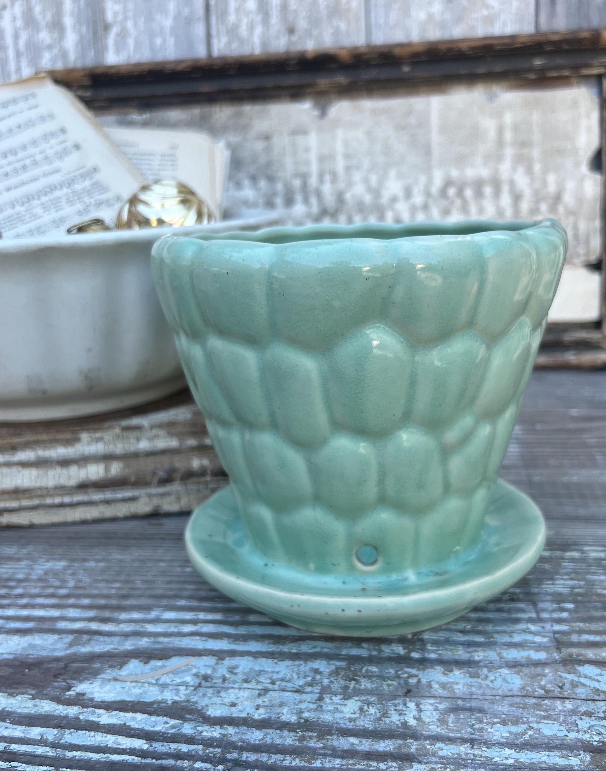 Antique GREEN BUBBLE Flower Pot With Saucer USA Planter Container Farmhouse Vintage Garden Decor Christmas