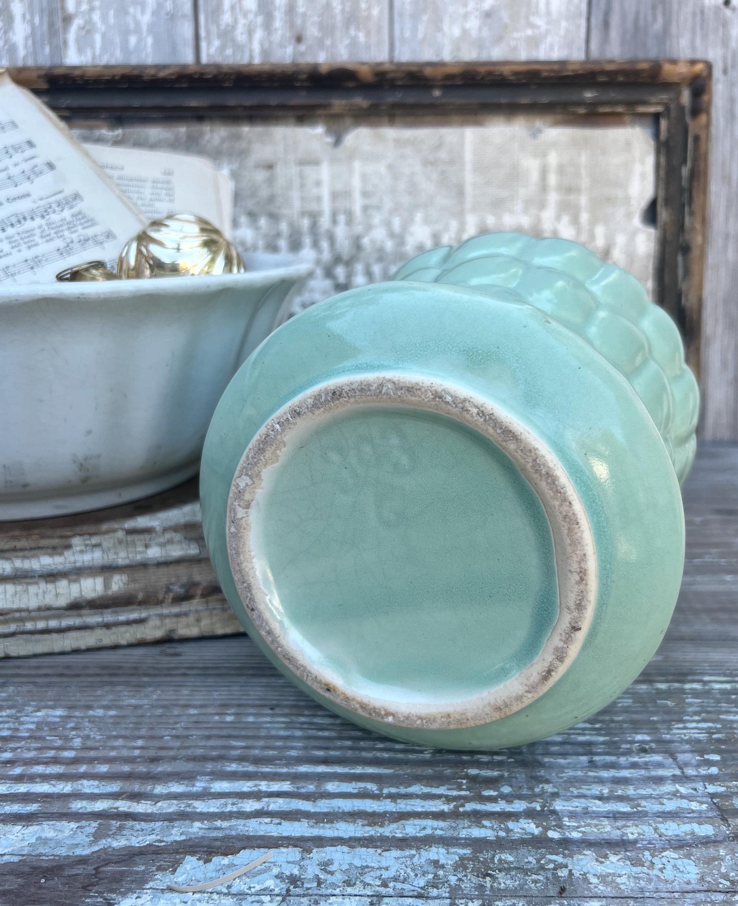 Antique GREEN BUBBLE Flower Pot With Saucer USA Planter Container Farmhouse Vintage Garden Decor Christmas